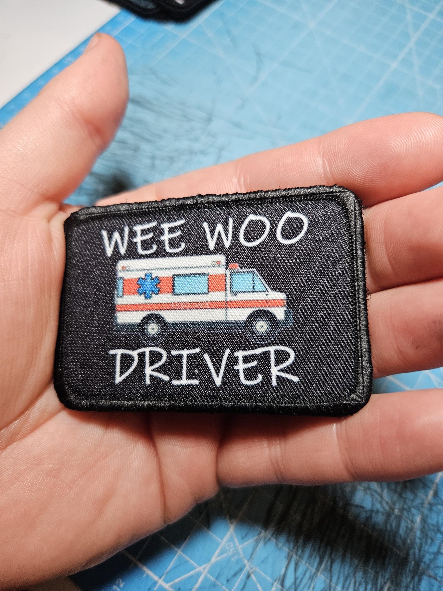 Wee woo driver ambulance EMT driver funny 2"x3" removable morale patch with hook and loop backing