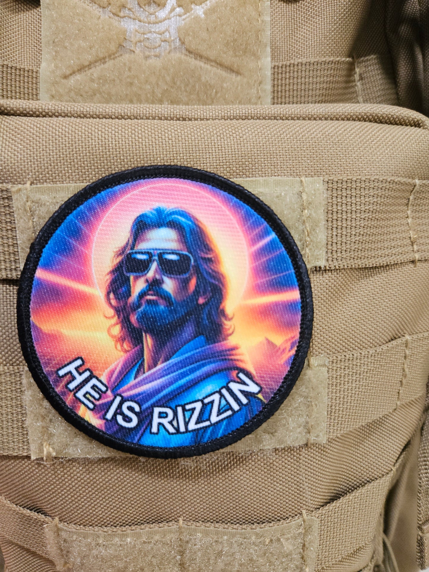 He is rizzin Jesus 80s Christian meme 3" circle morale patch with hook and loop backing