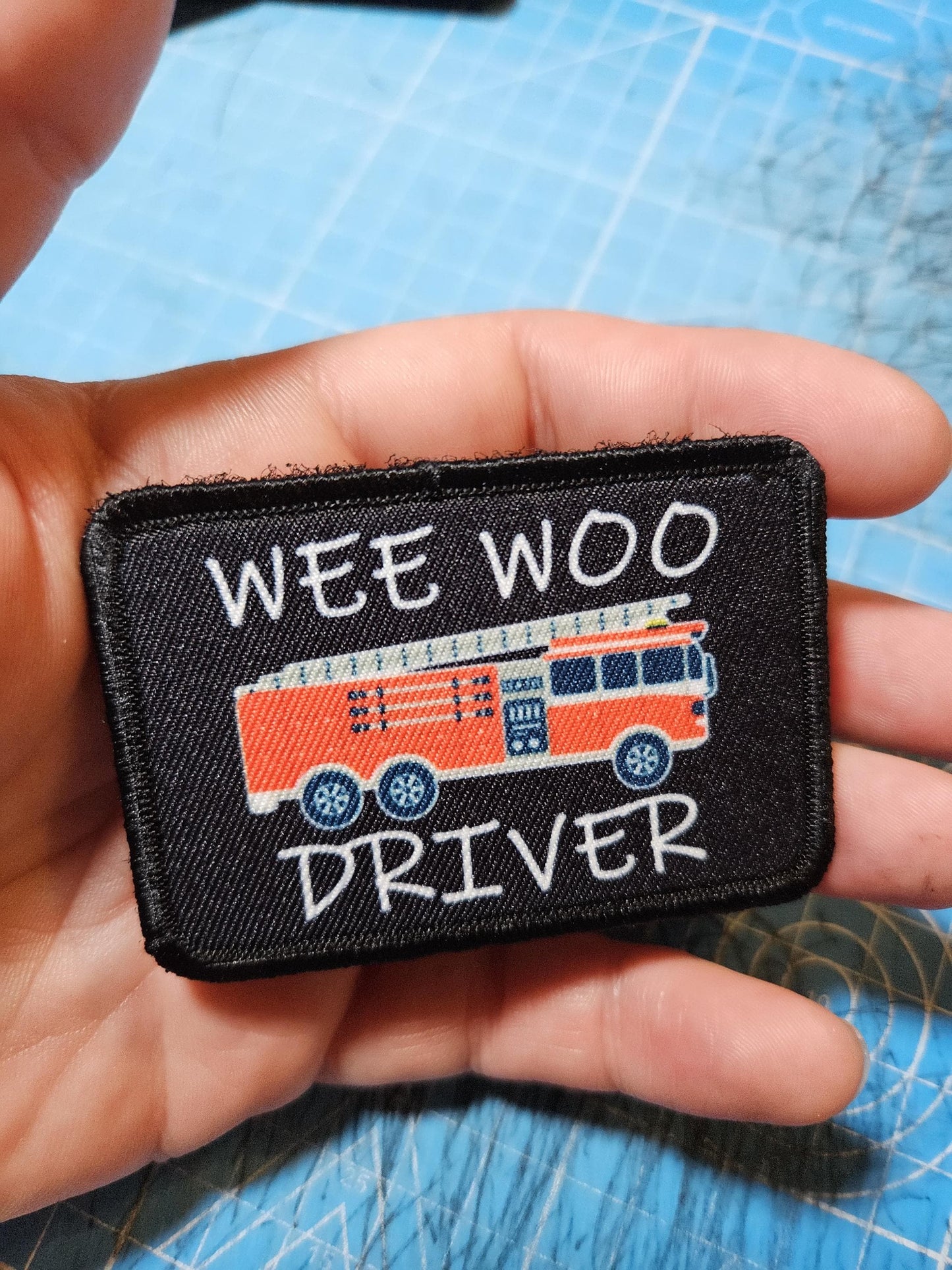 Wee woo driver fire engine firefighter EMT driver funny 2"x3" removable morale patch with hook and loop backing