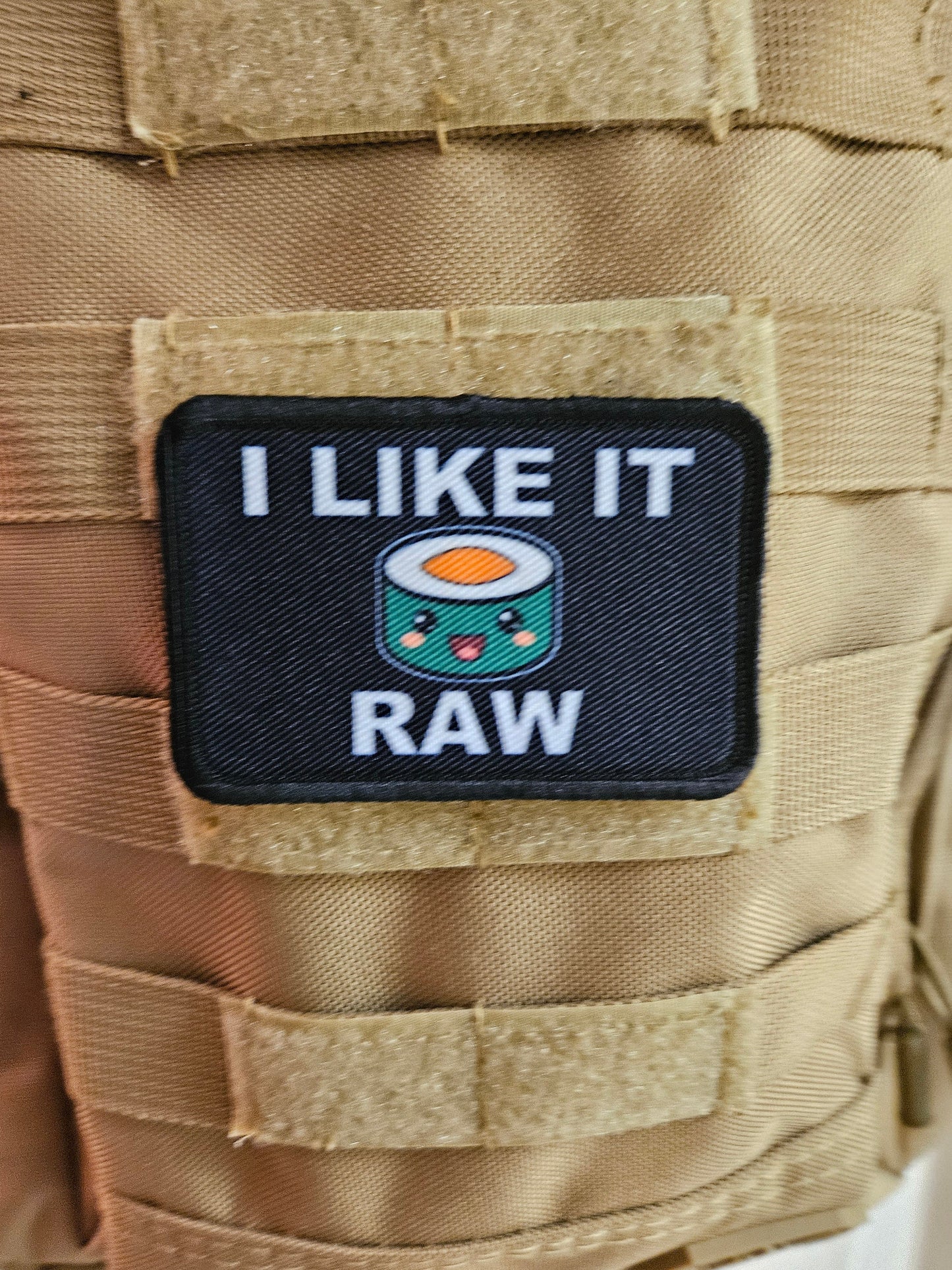 I like it raw sushi enthusiast meme cute making roll 2"x3" morale patch with hook and loop backing