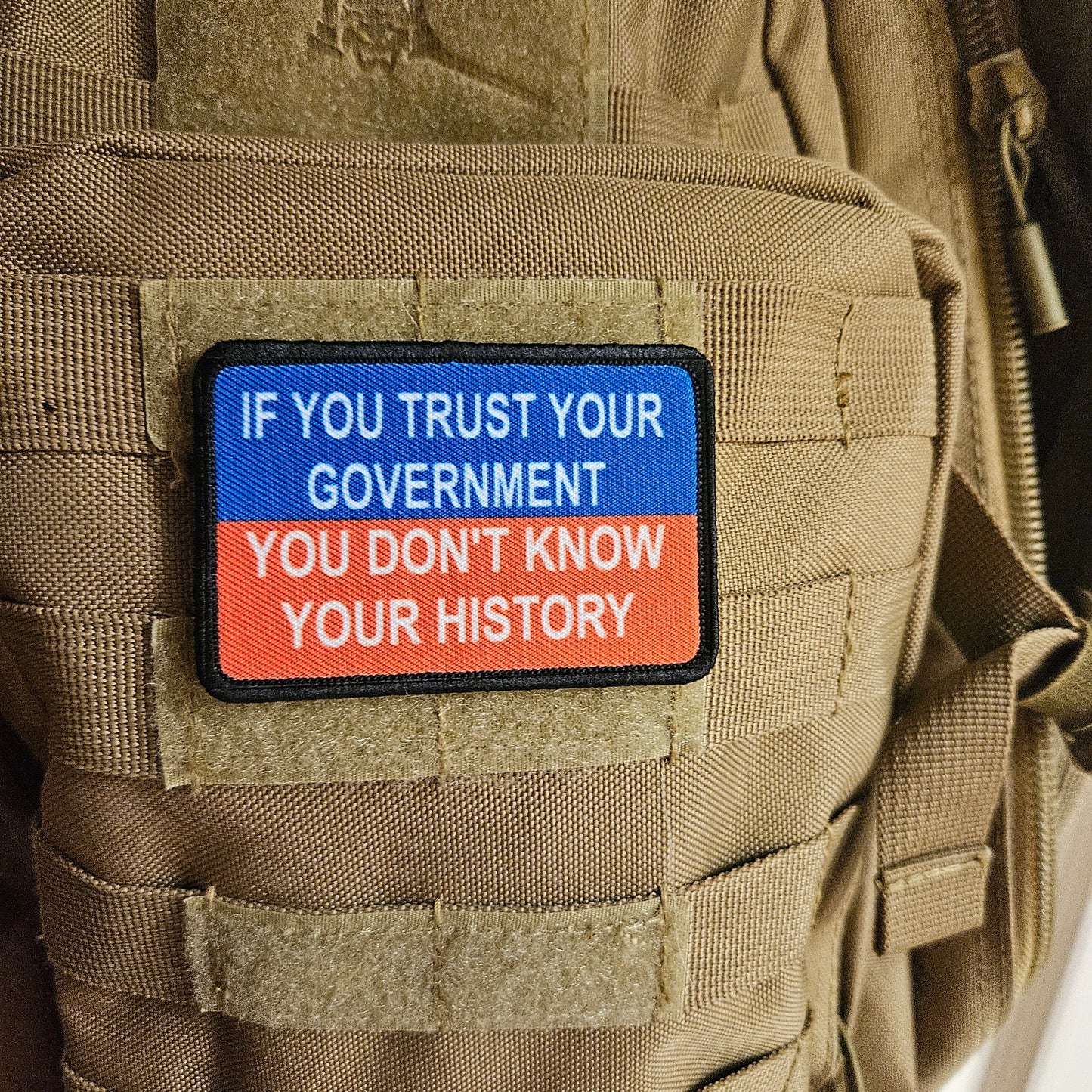 If you trust your government you dont know your history meme  2"x3" removable morale patch with hook and loop backing