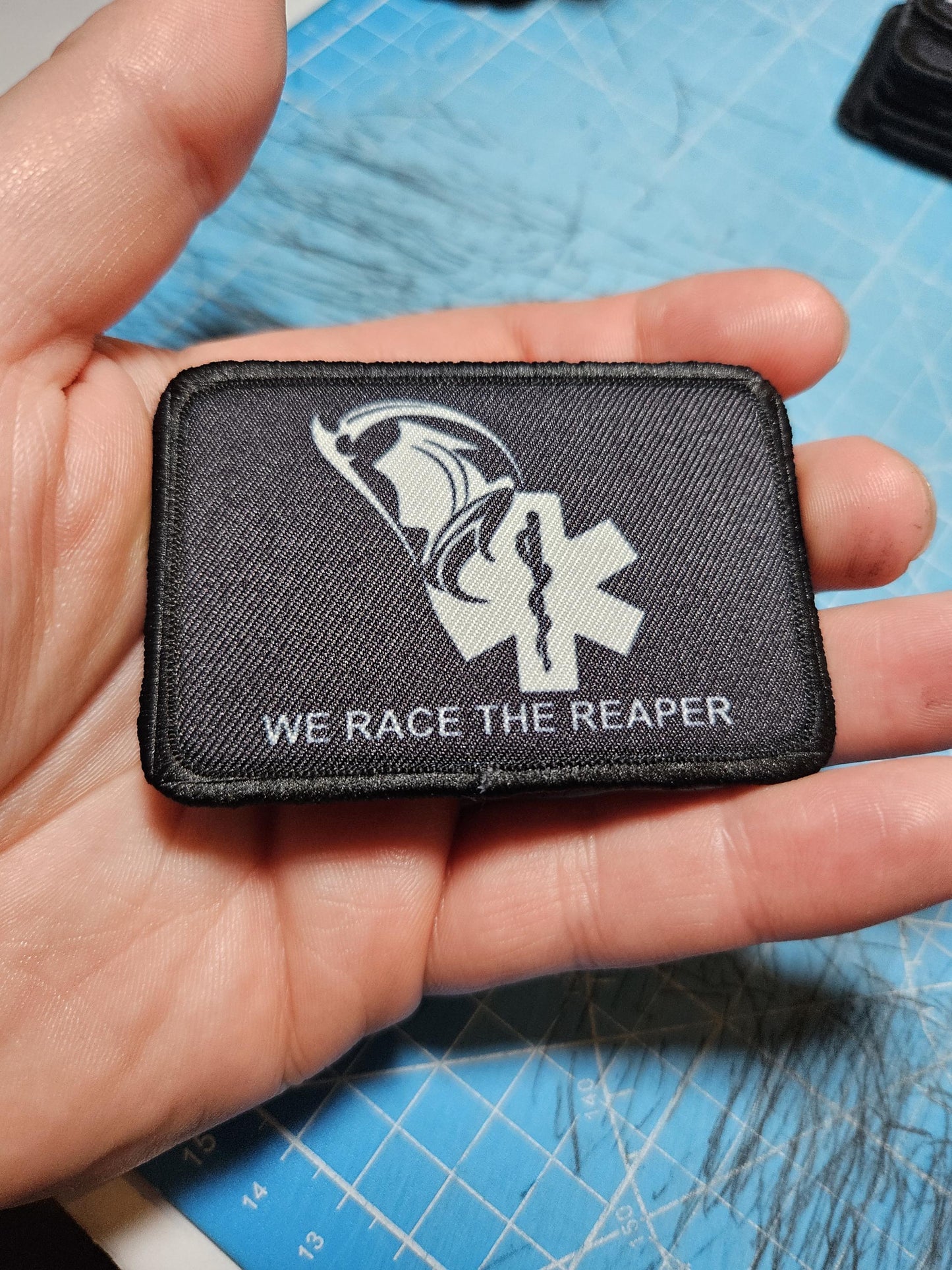 First responder Race the Reaper 2"x3" morale patch with hook and loop backing