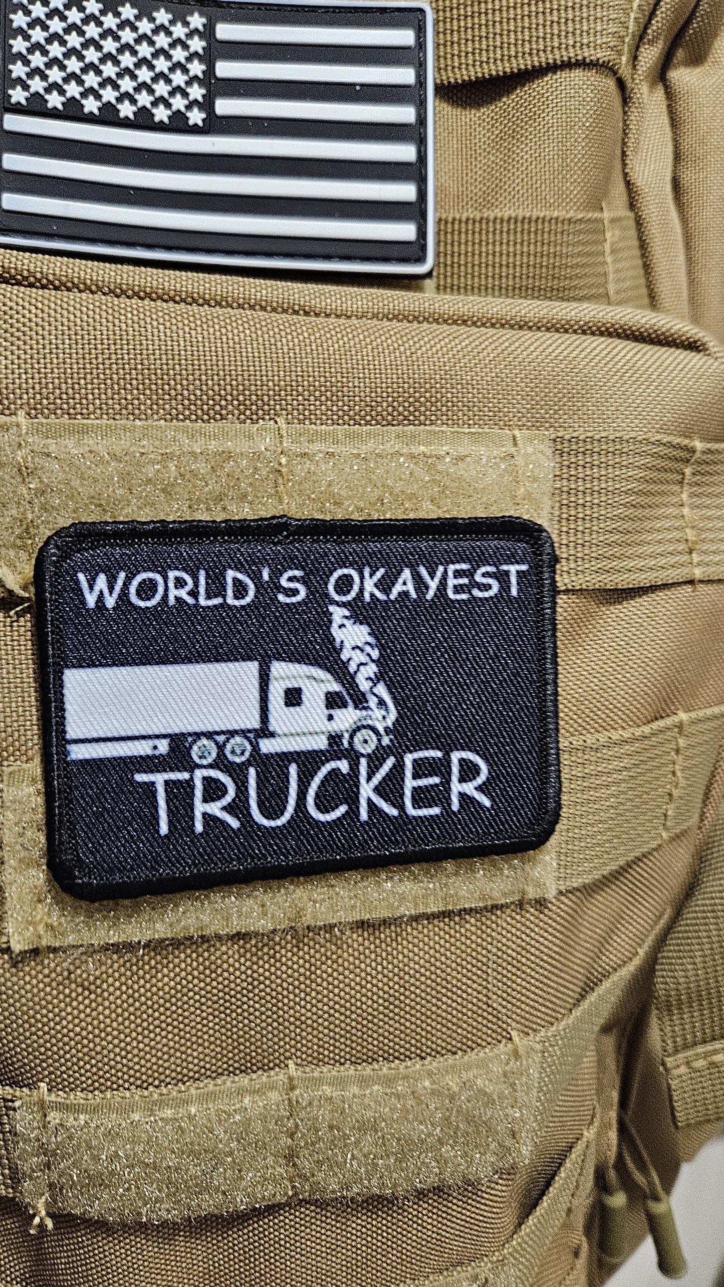 World's okayest trucker blue collar 2"x3" morale patch with hook and loop backing