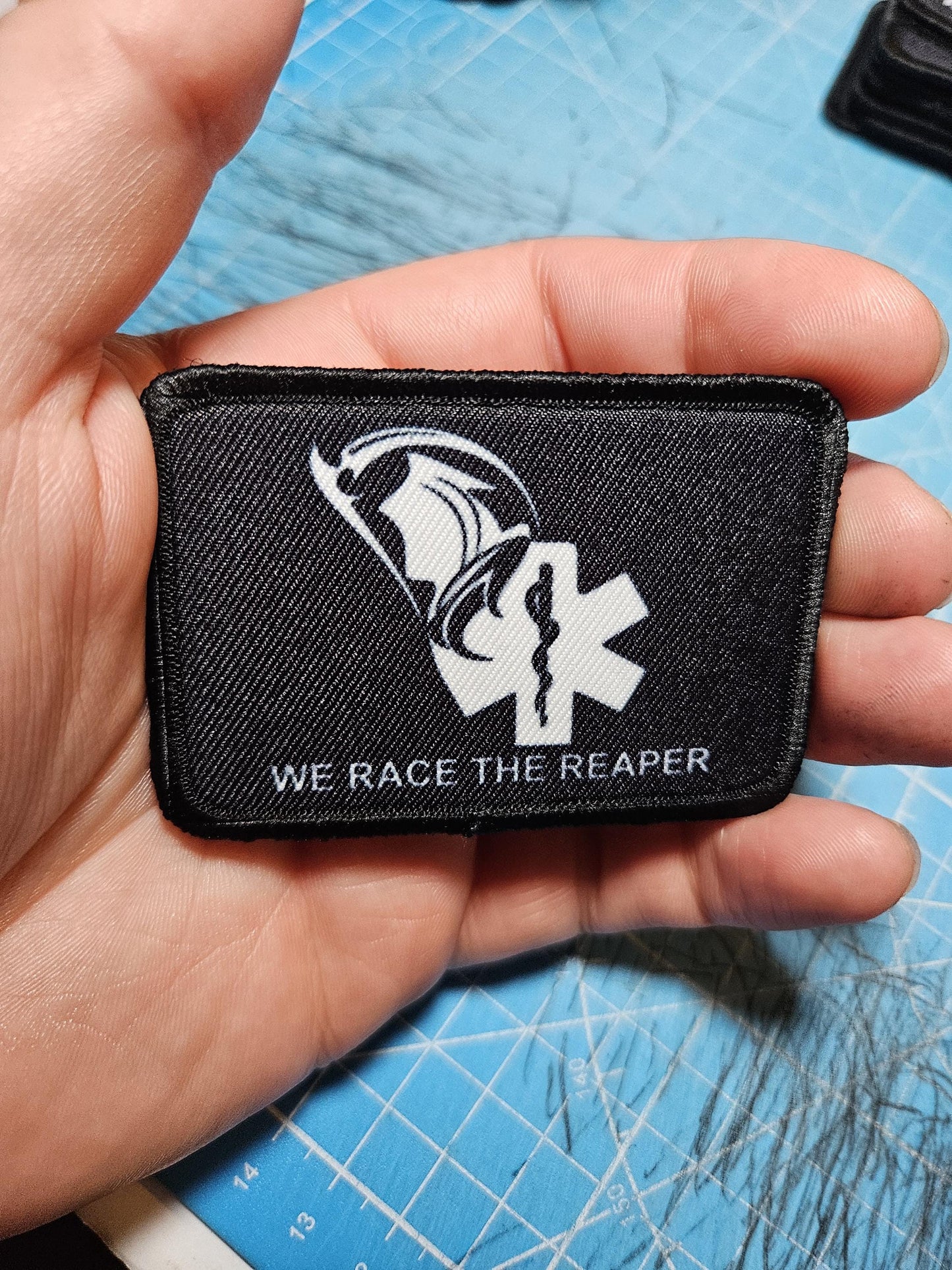 First responder Race the Reaper 2"x3" morale patch with hook and loop backing
