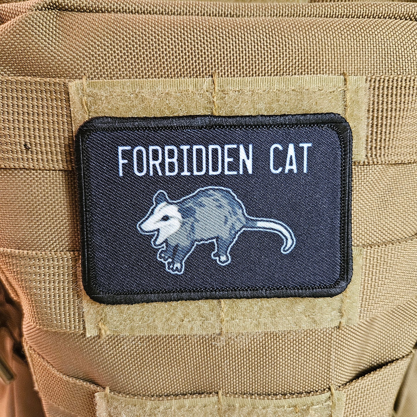 Forbidden cat possum meme 2"x3" morale patch with hook and loop backing