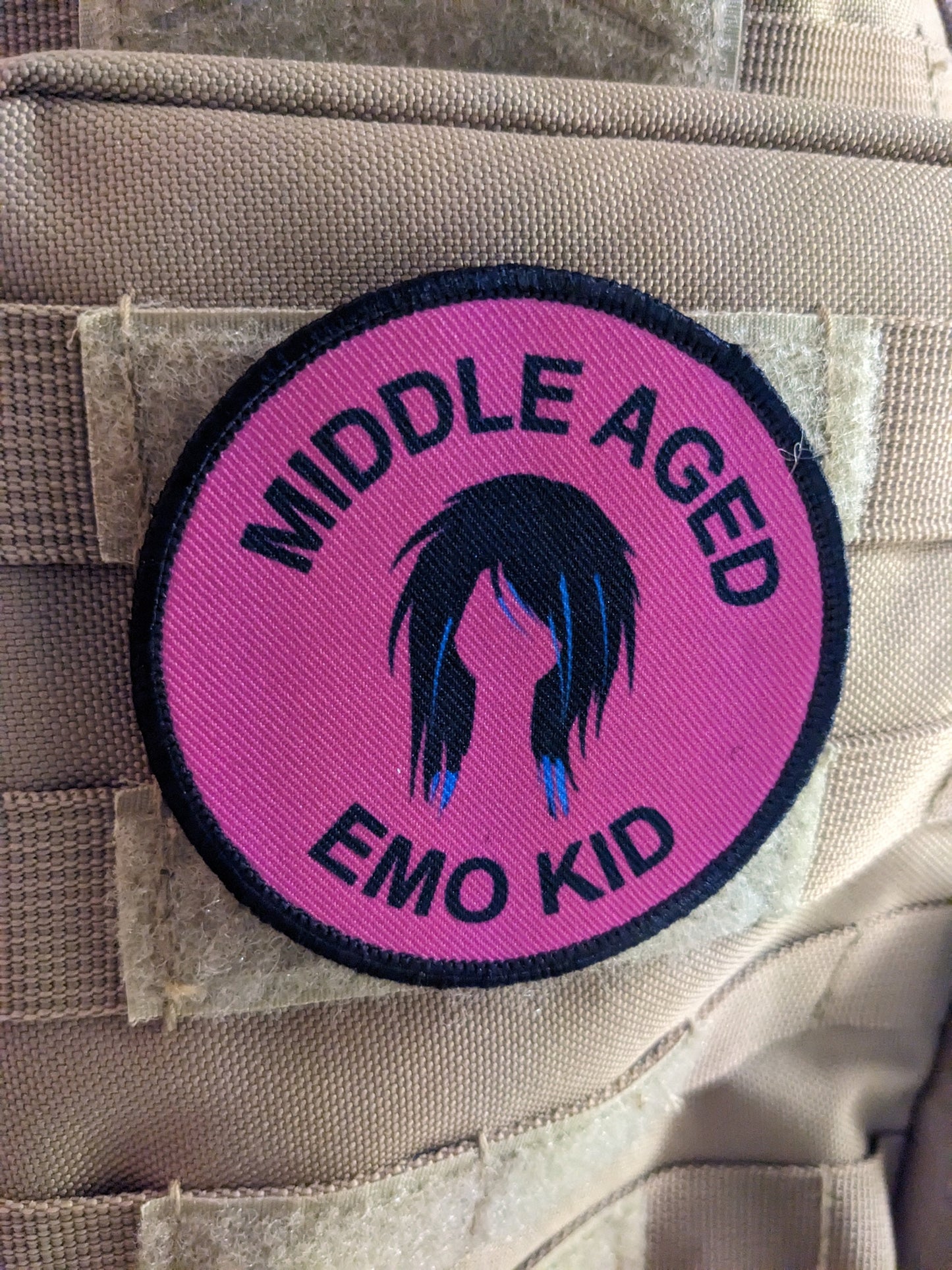 Middle aged emo kid girl version meme 3" circle morale patch with hook and loop backing