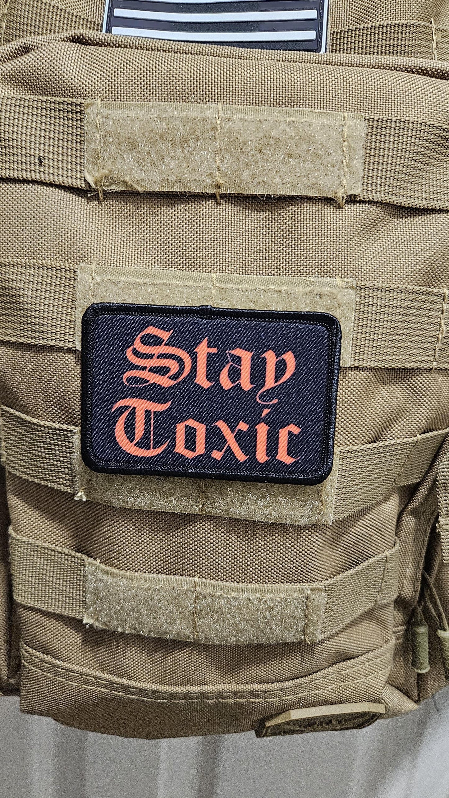 Stay toxic meme  red on black 2"x3" removable morale patch with hook and loop backing
