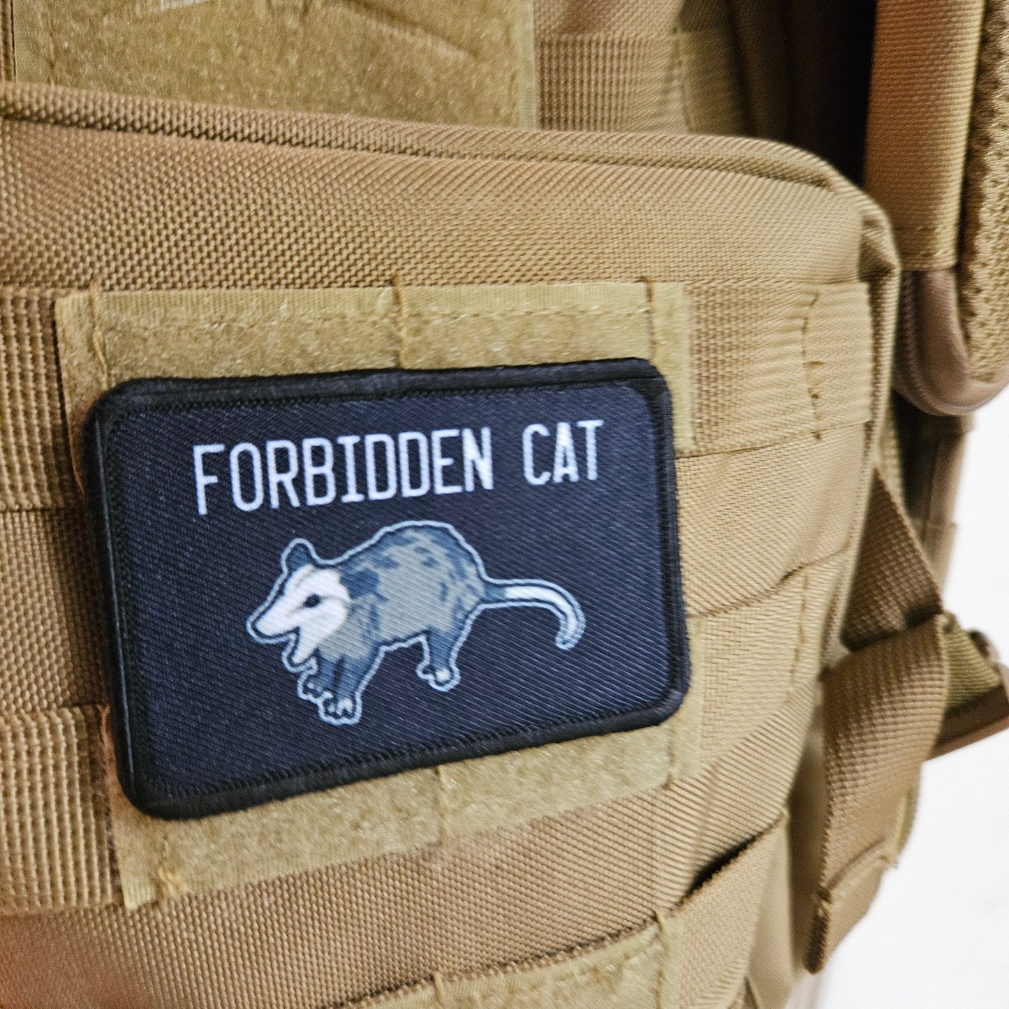 Forbidden cat possum meme 2"x3" morale patch with hook and loop backing