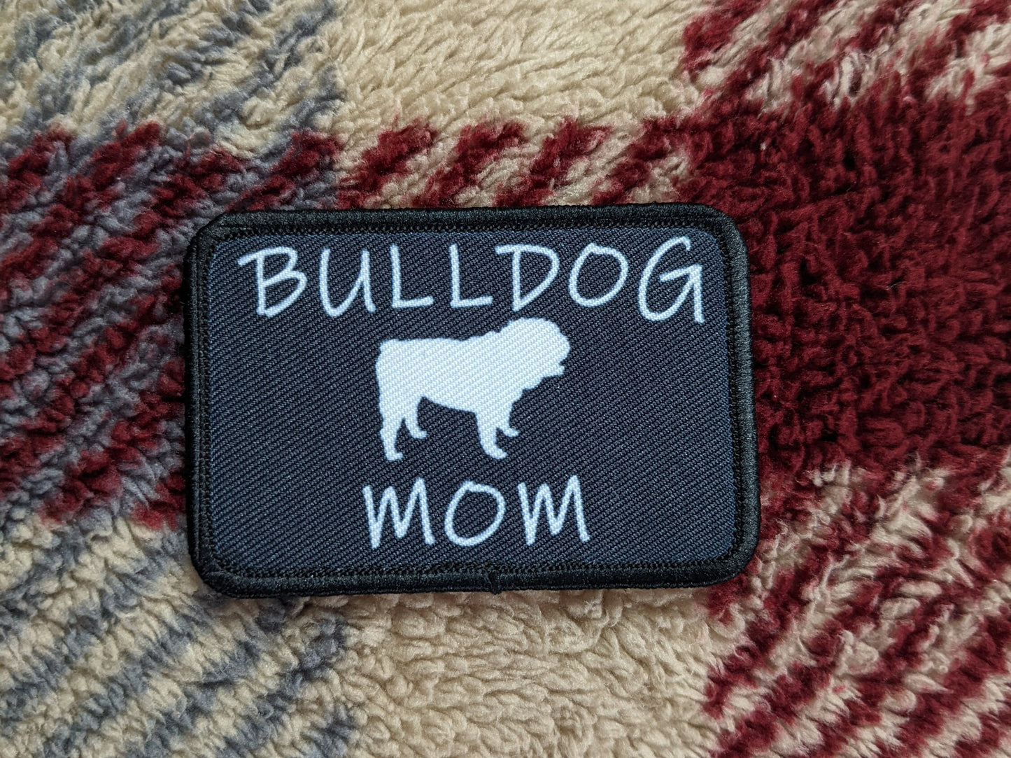 English Bulldog mom 2"x3" black morale patch with hook and loop backing