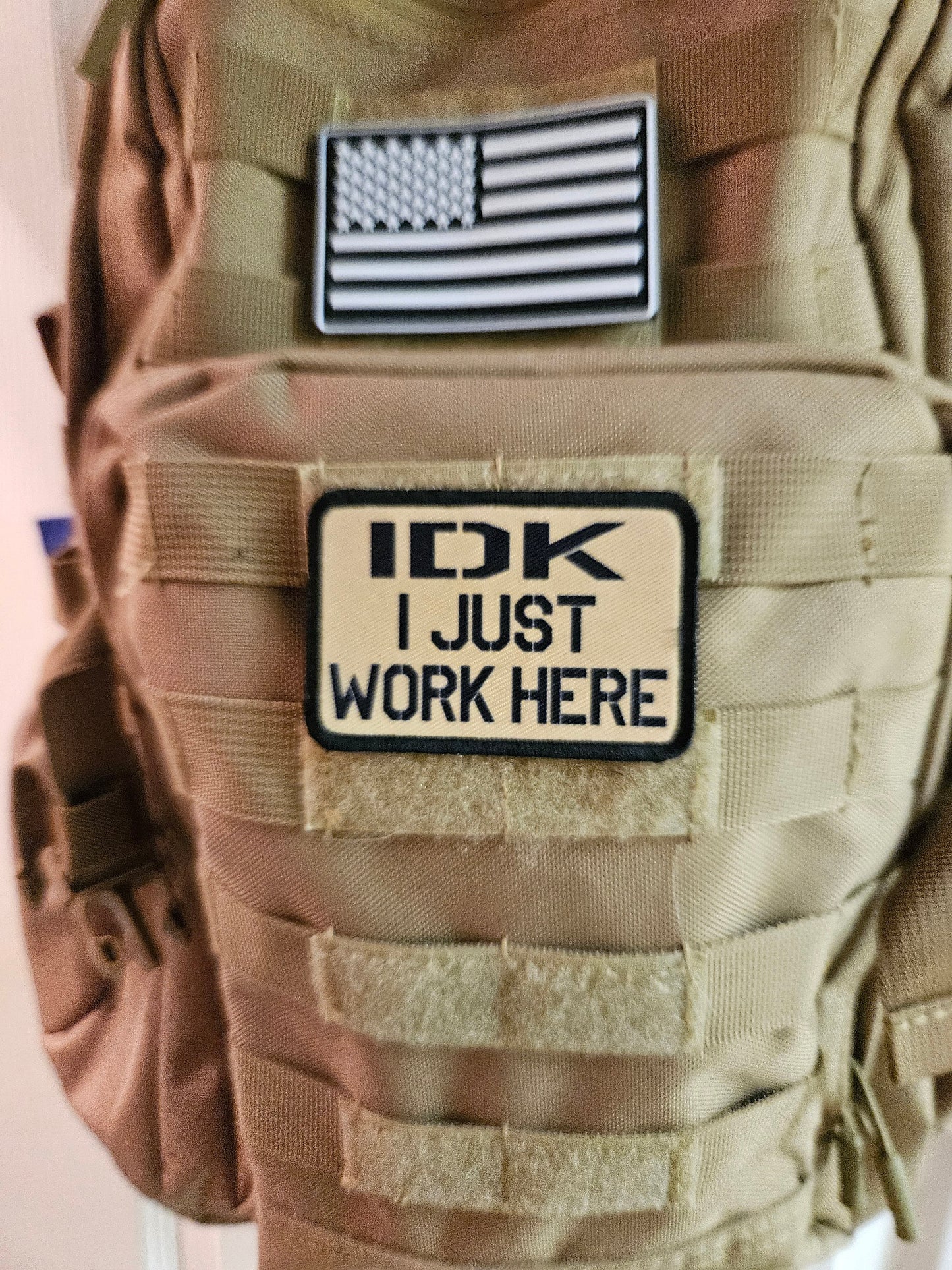 Idk i just work here funny meme edc tan  2"x3" morale patch with hook and loop backing military joke meme