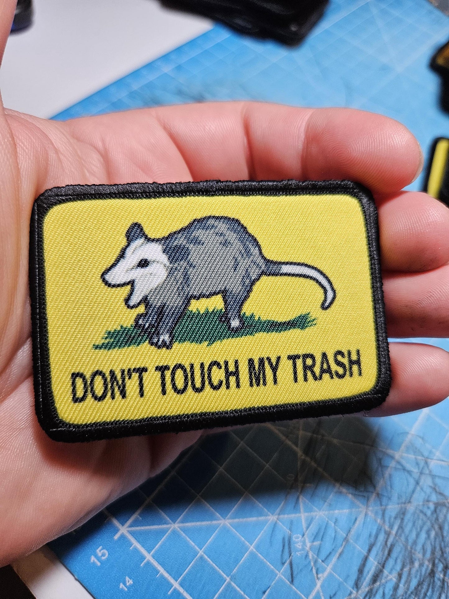 Don't touch my trash possum joke Gadsden flag meme  2"x3" removable morale patch with hook and loop backing