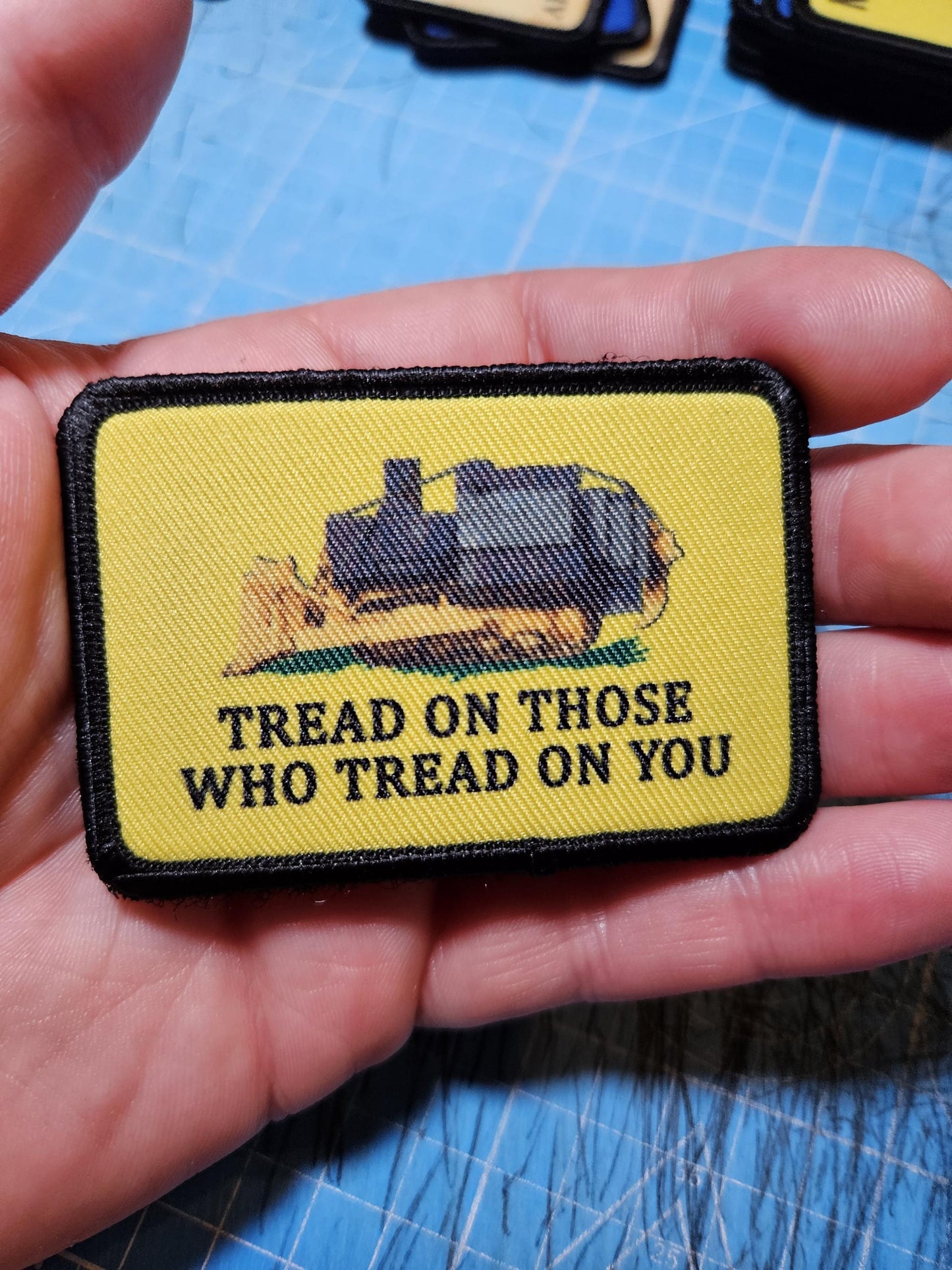 Killdozer tread on those who tread on you Gadsden flag meme  2"x3" removable morale patch with hook and loop backing