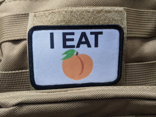 I eat peaches meme funny food white background  2"x3" removable morale patch with hook and loop backing