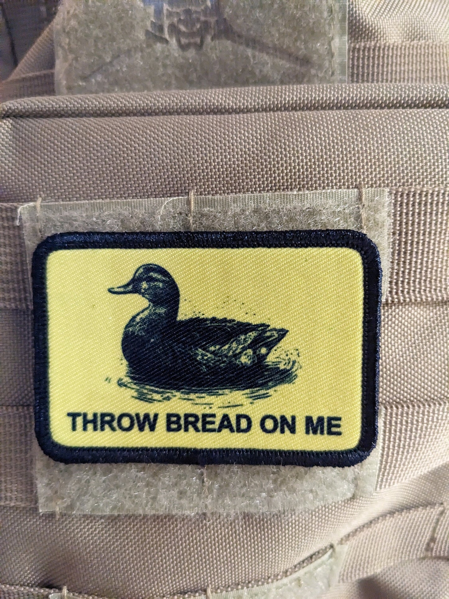 Throw bread on me Gadsden flag duck meme 2"x3" removable morale patch with hook and loop backing
