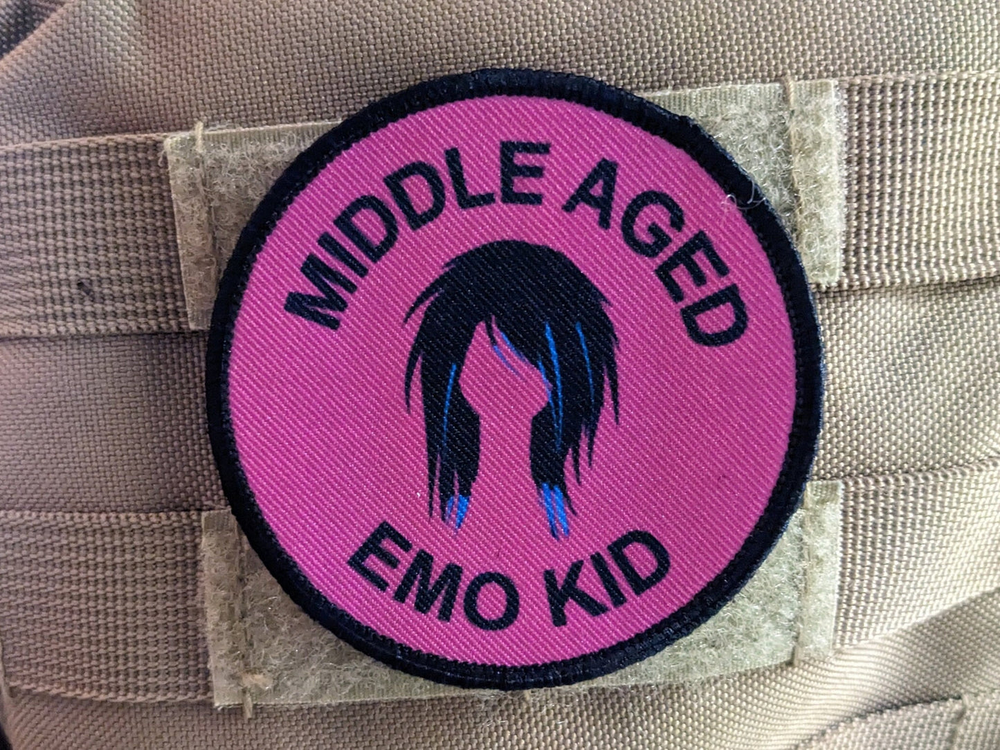 Middle aged emo kid girl version meme 3" circle morale patch with hook and loop backing
