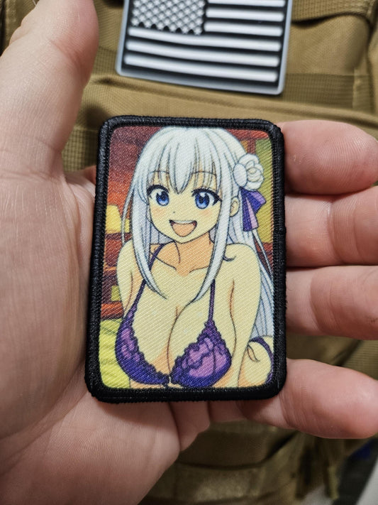 Happy Sexy Anime girl in lingerie white hair waifu 2"x3"  removable morale patch with hook and loop backing
