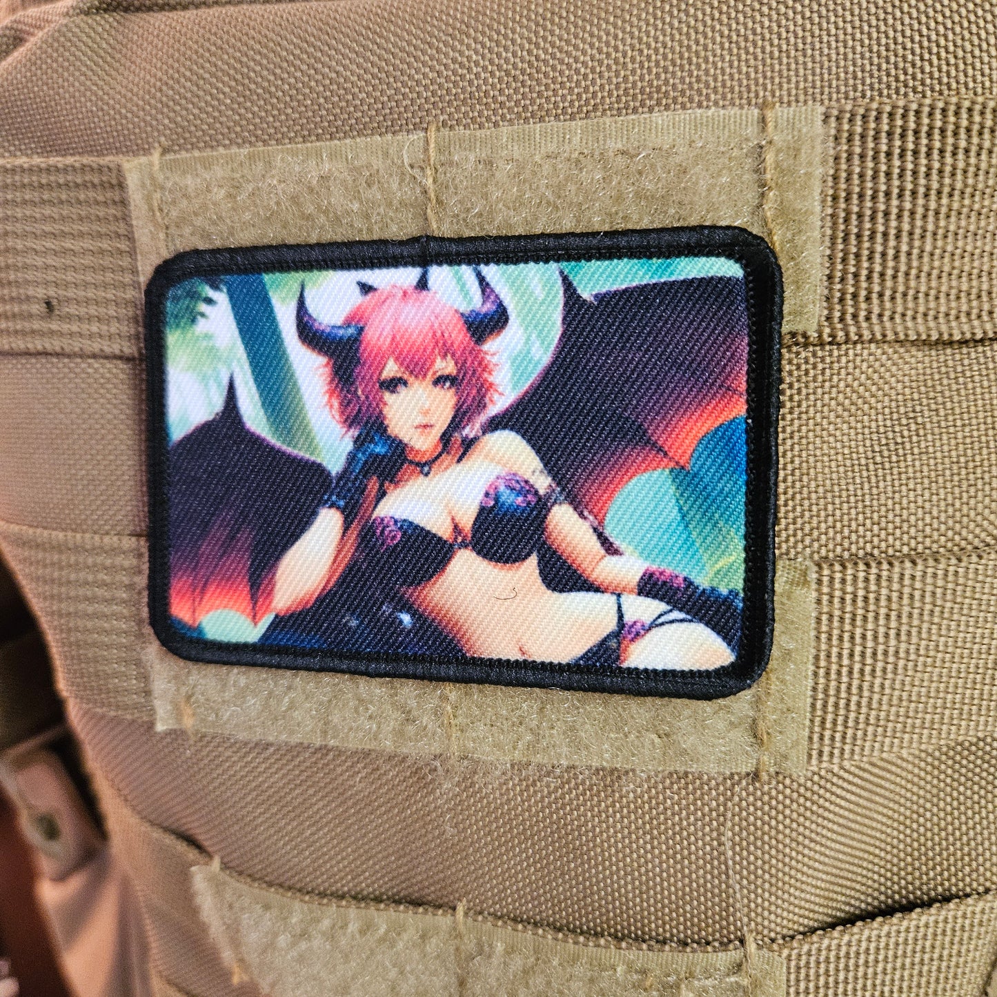 Pink haired succubus waifu Sexy Anime girl cleavage bikini 2"x3"  removable morale patch with hook and loop backing