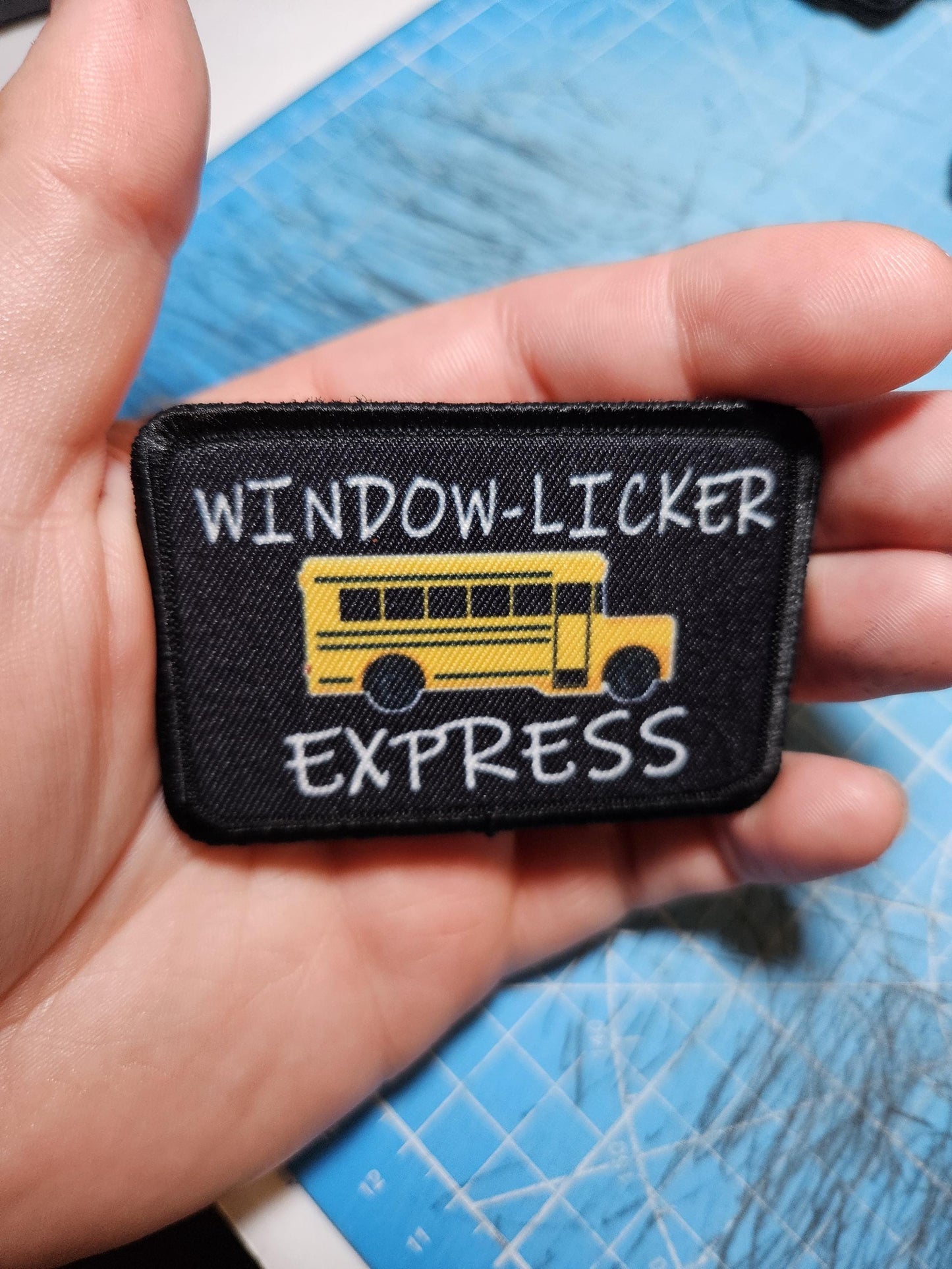 Window-licker express school bus driver funny 2"x3" removable morale patch with hook and loop backing
