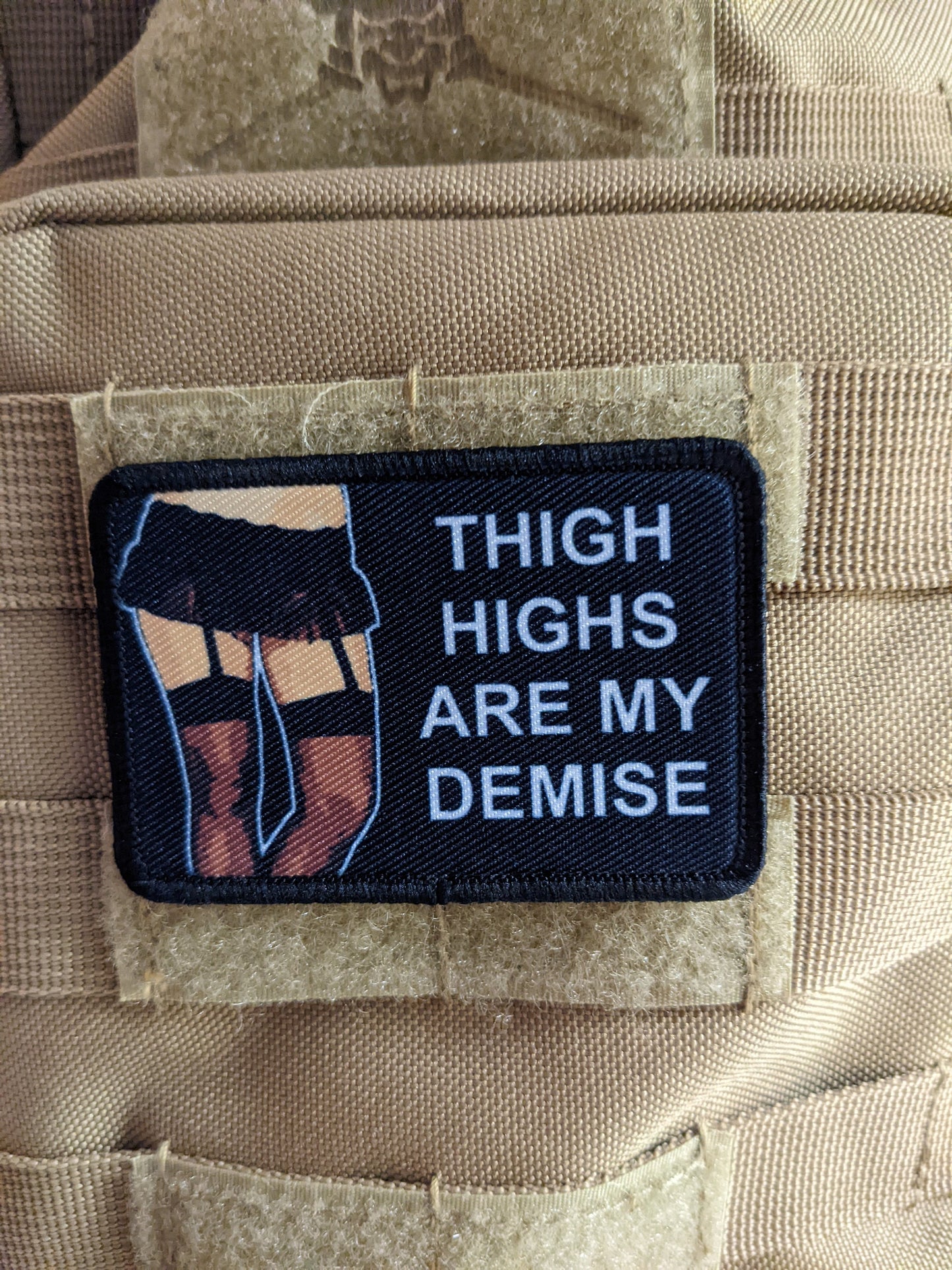thigh Highs are my Demise meme 2"x3" removable morale patch with hook and loop backing death by snu snu