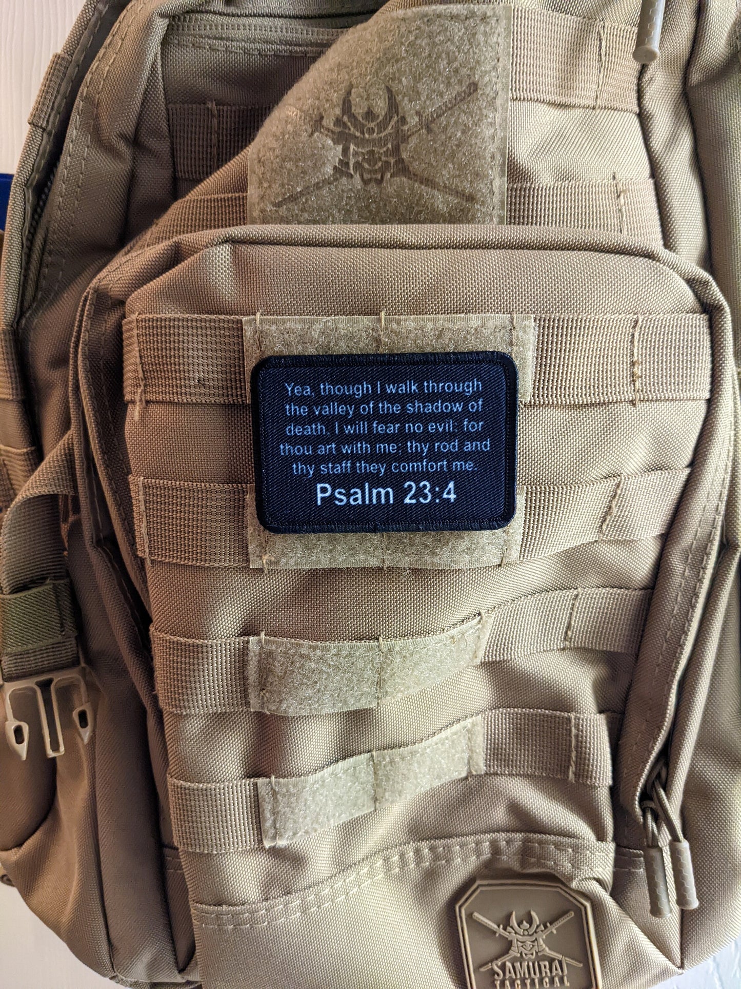 Bible verse Psalms 23:4 valley of the shadow of death 2"x3" removable morale patch with hook and loop for hat