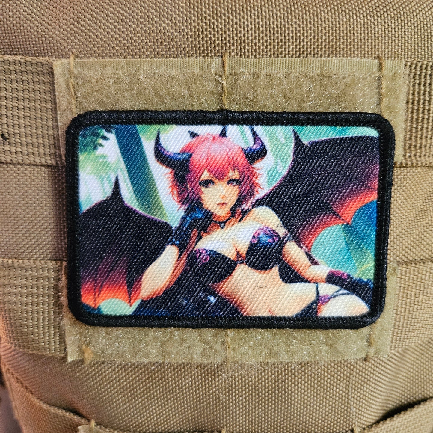 Pink haired succubus waifu Sexy Anime girl cleavage bikini 2"x3"  removable morale patch with hook and loop backing