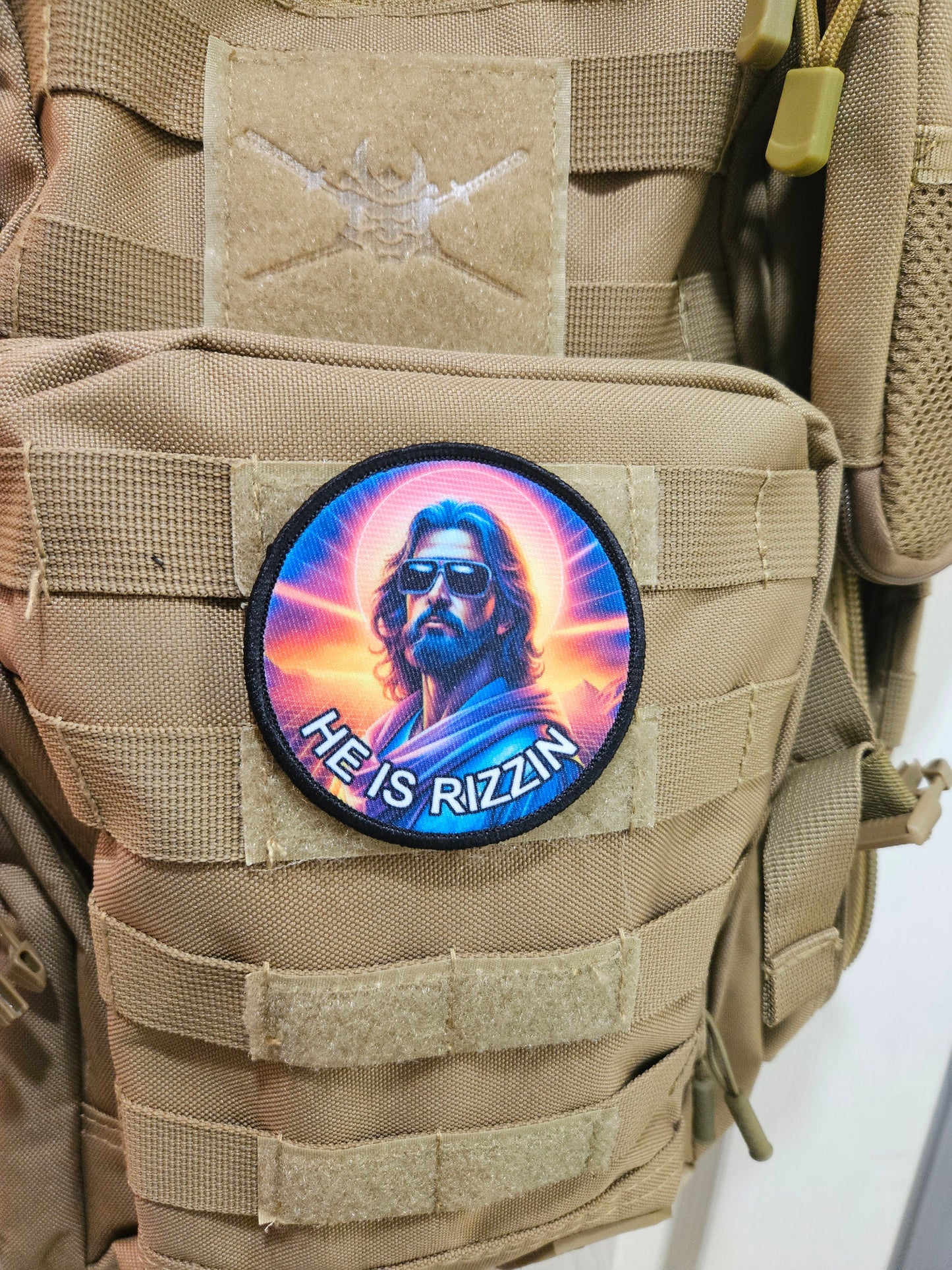 He is rizzin Jesus 80s Christian meme 3" circle morale patch with hook and loop backing