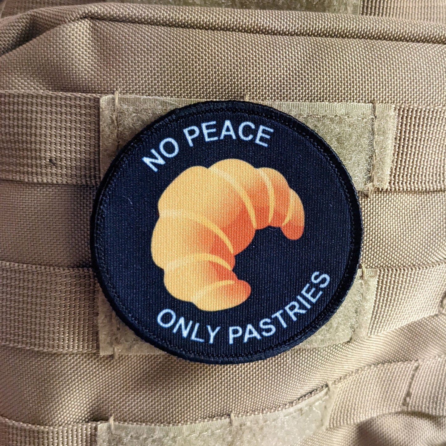 Croissant no peace only pastries 3" circle morale patch with hook and loop backing