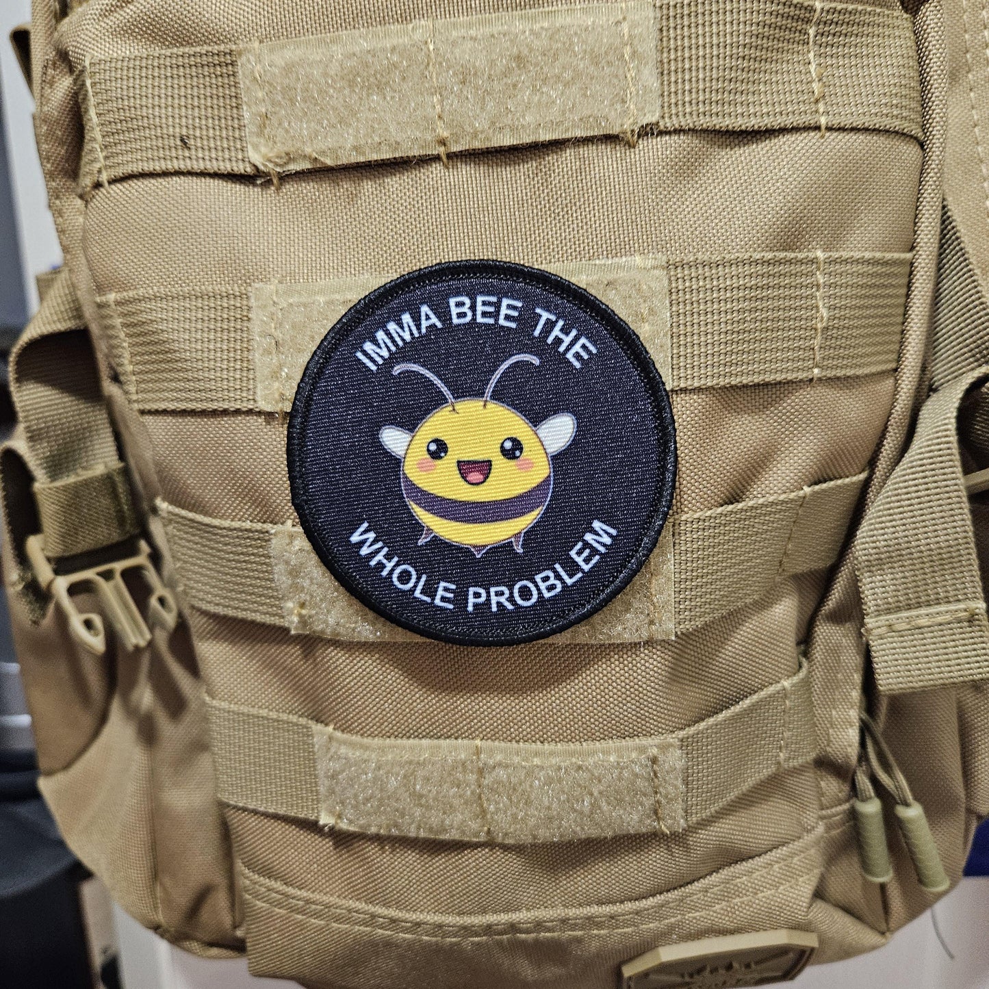 Imma bee the whole problem cute bee meme 3" circle removable morale patch with hook and loop backing