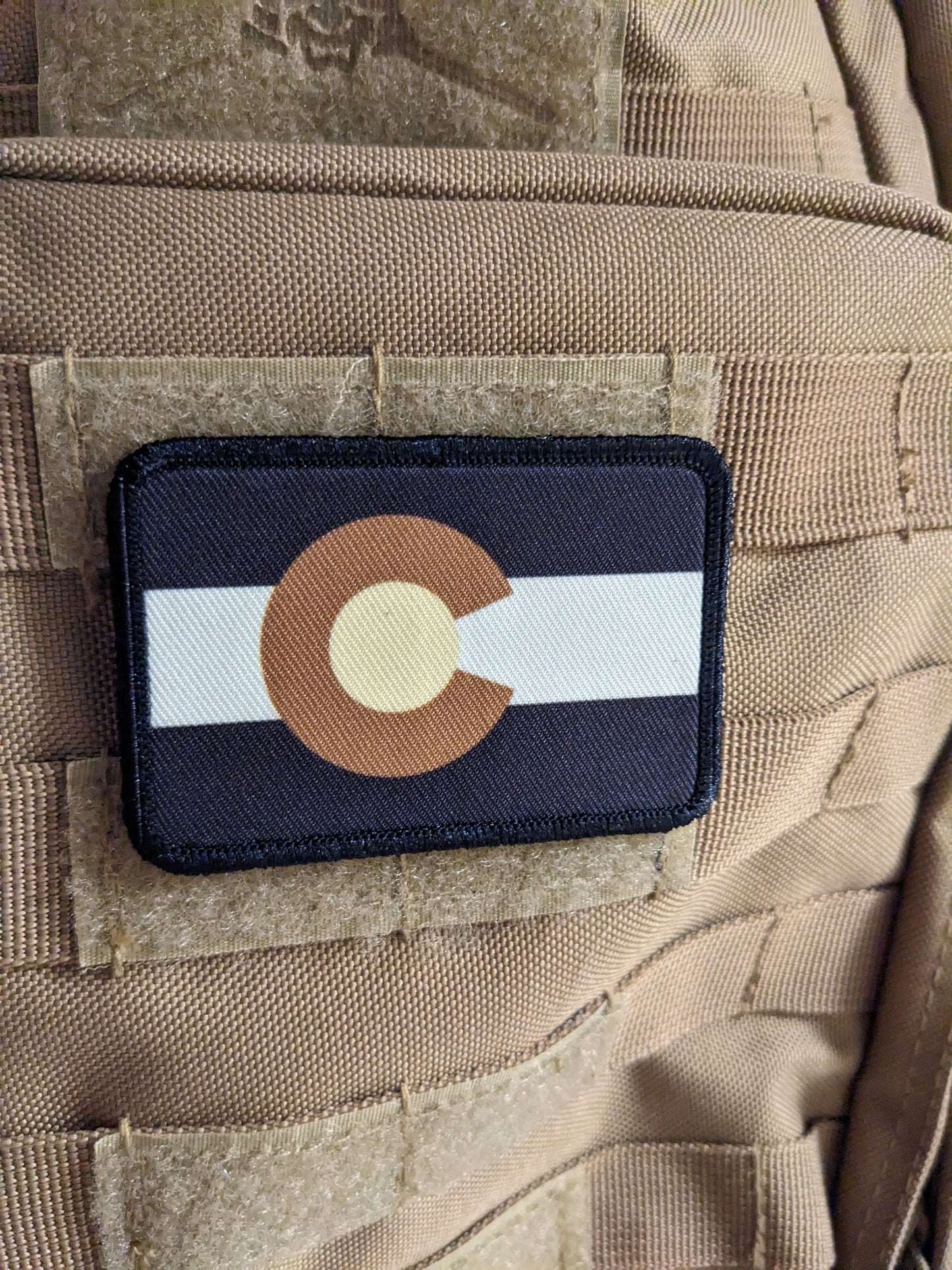 Subdued tan and brown Colorado state flag removable patch 2"x3" morale patch with hook and loop backing