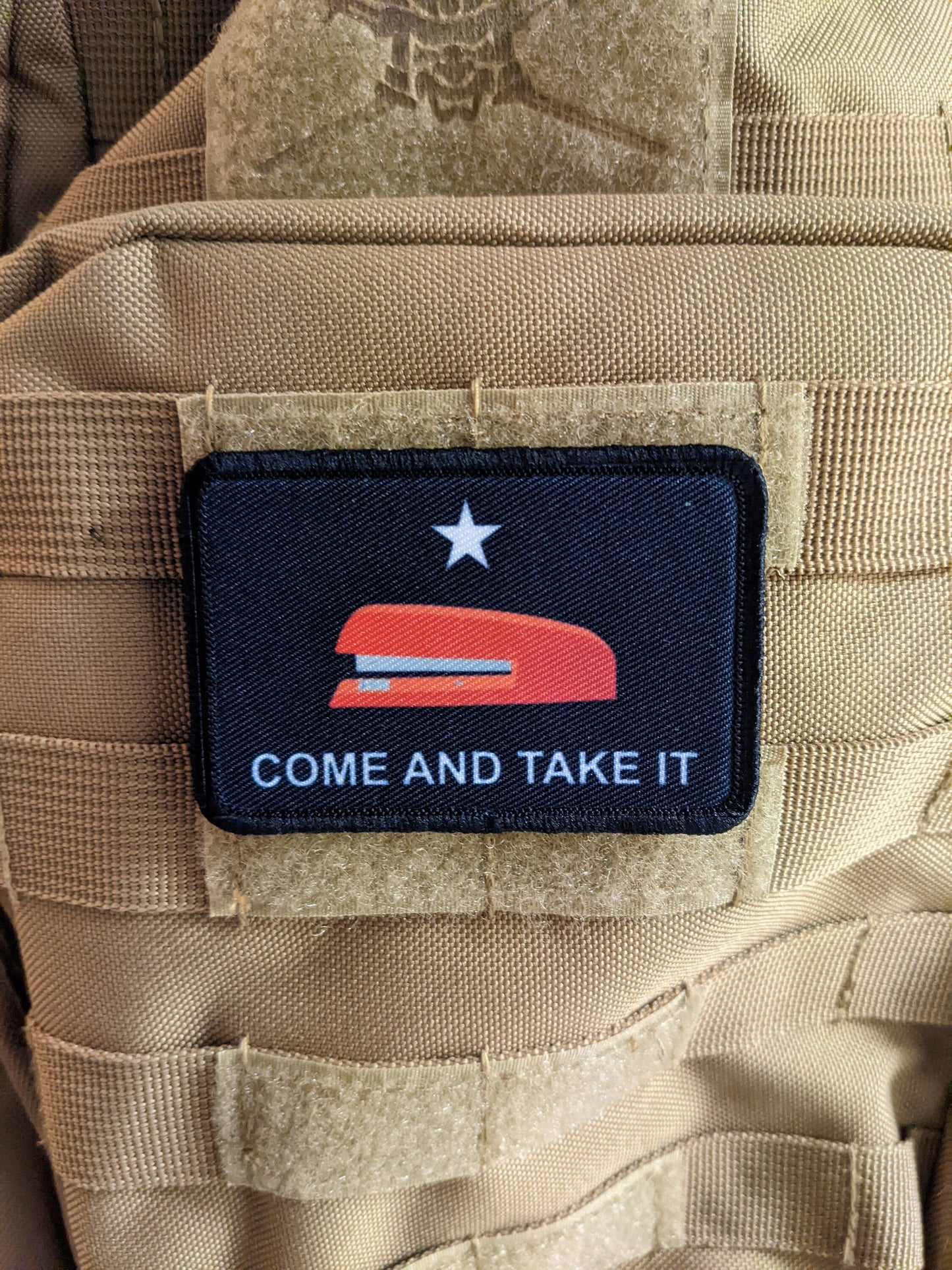 Red stapler meme Texas flag come take it meme  2"x3" removable morale patch with hook and loop backing
