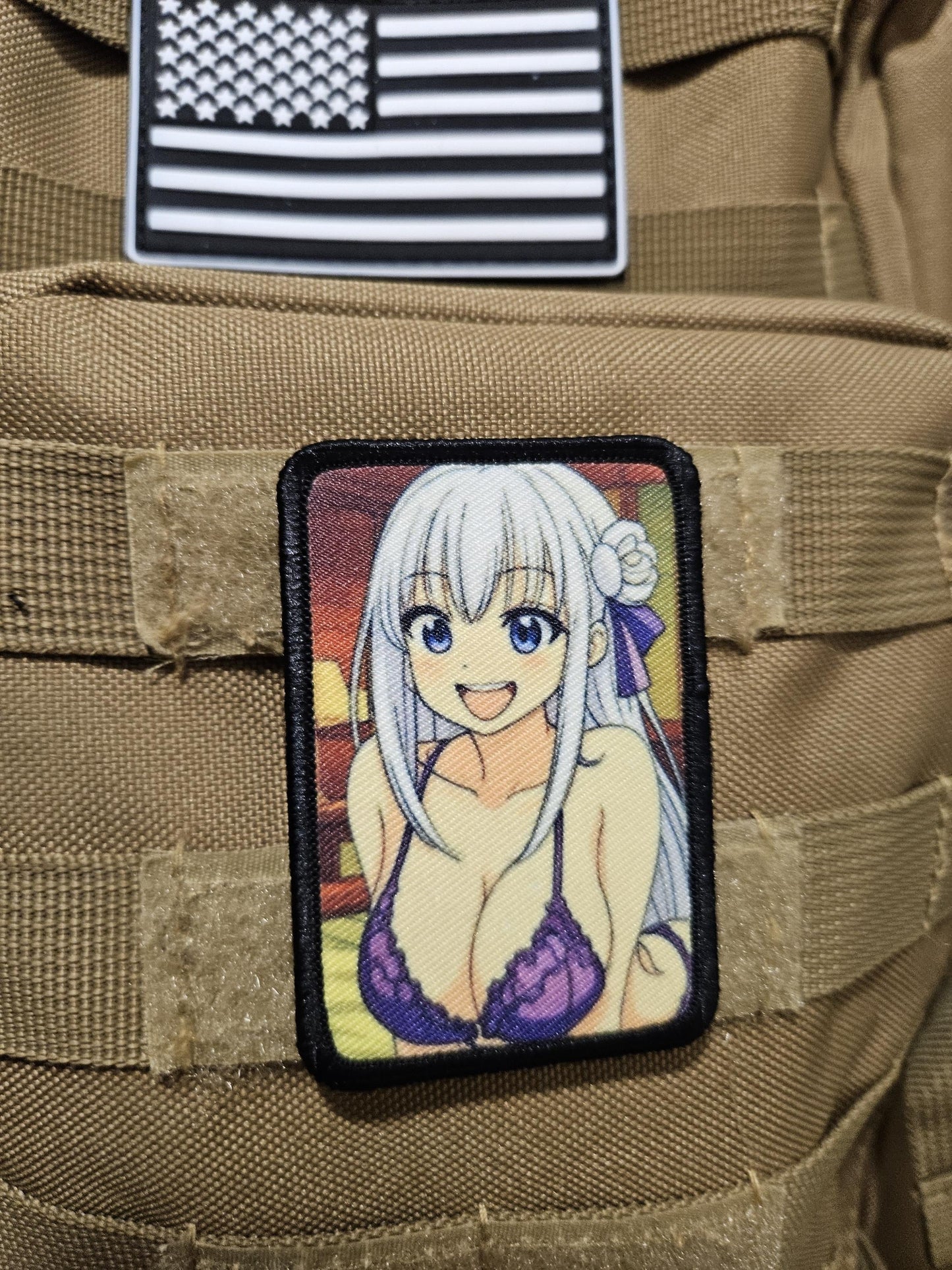 Happy Sexy Anime girl in lingerie white hair waifu 2"x3"  removable morale patch with hook and loop backing
