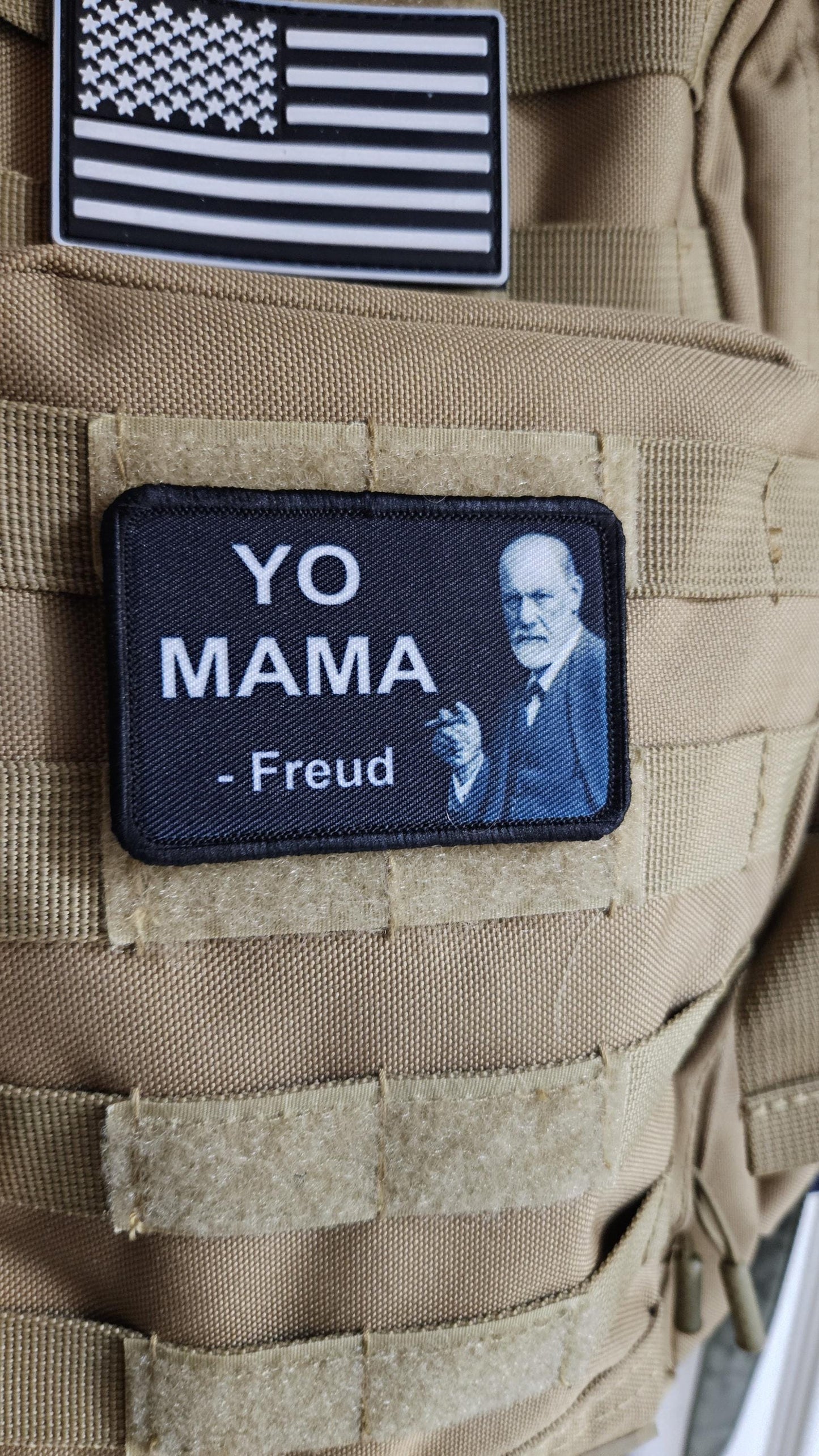 Freud you mama meme 2"x3" removable morale patch with hook and loop backing black and white