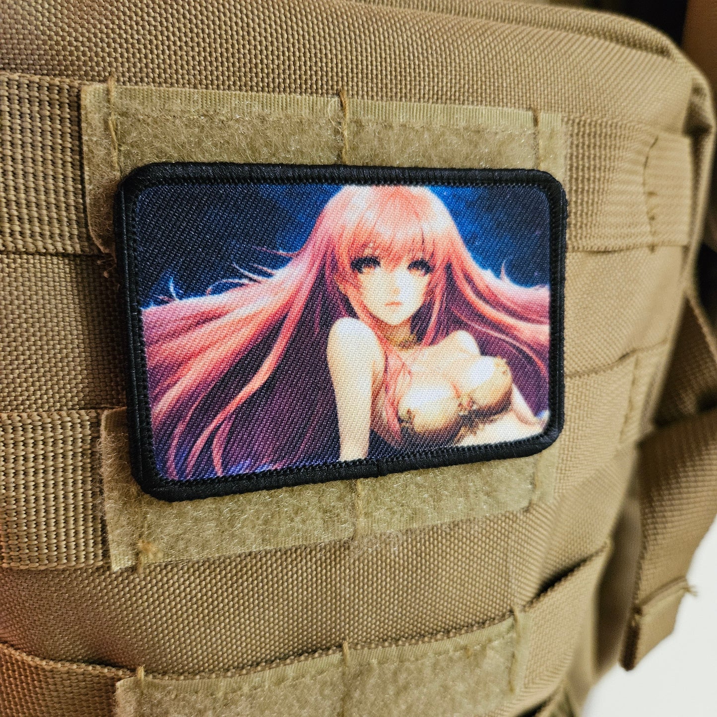 Long Pink hair waifu Sexy Anime girl cleavage bikini 2"x3"  removable morale patch with hook and loop backing
