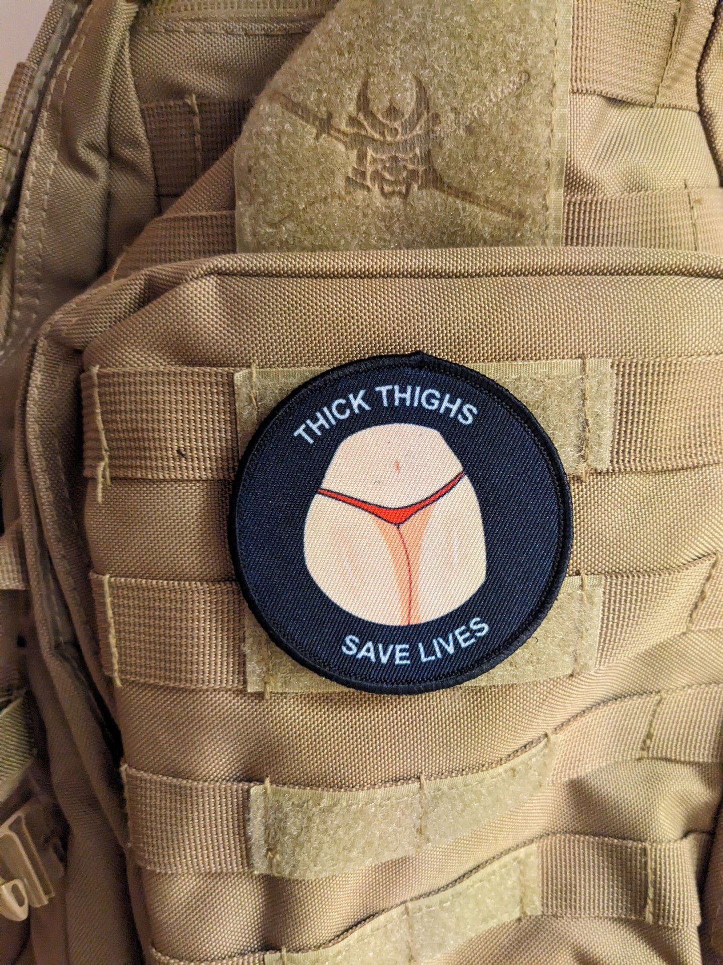 Thick thighs save lives meme 3" circle morale patch with hook and loop backing