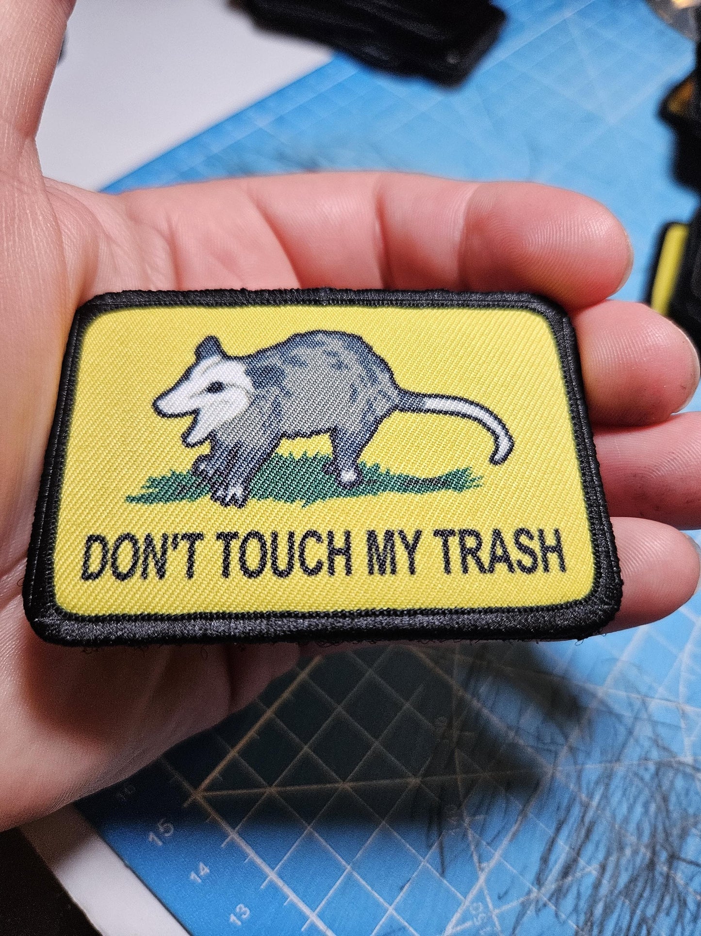 Don't touch my trash possum joke Gadsden flag meme  2"x3" removable morale patch with hook and loop backing
