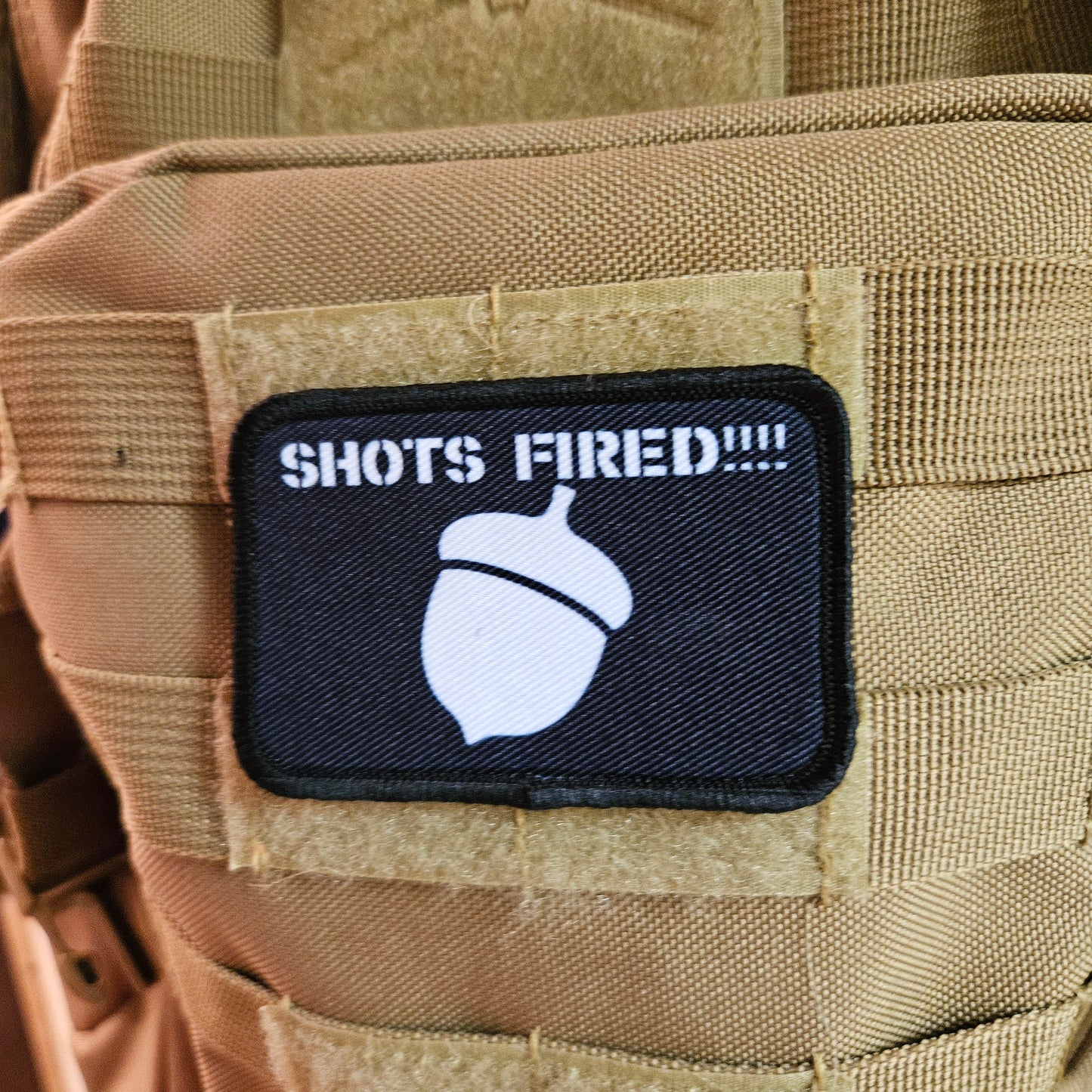 shots fired acorn meme 2"x3"  removable morale patch with hook and loop backing