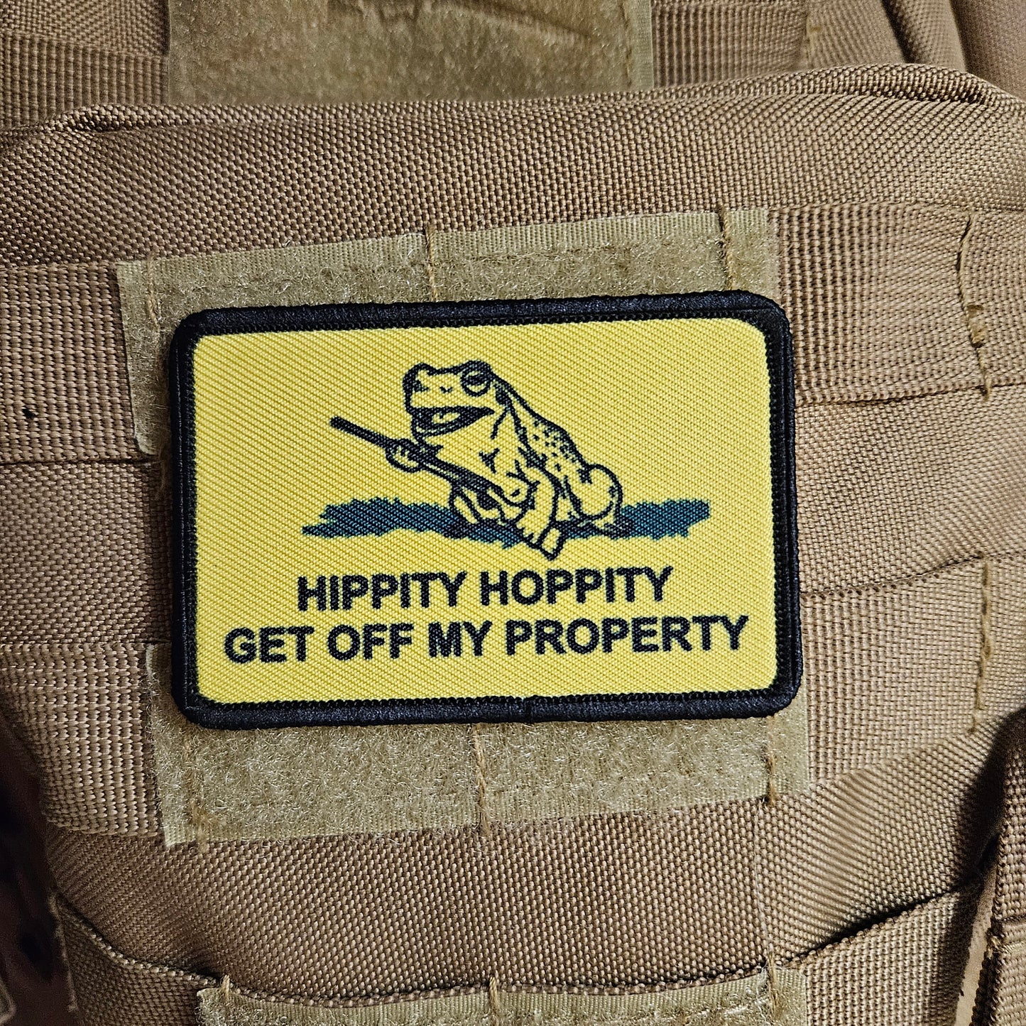 Hippity hoppity get off my property Gadsden flag meme 2"x3" removable morale patch with hook and loop backing