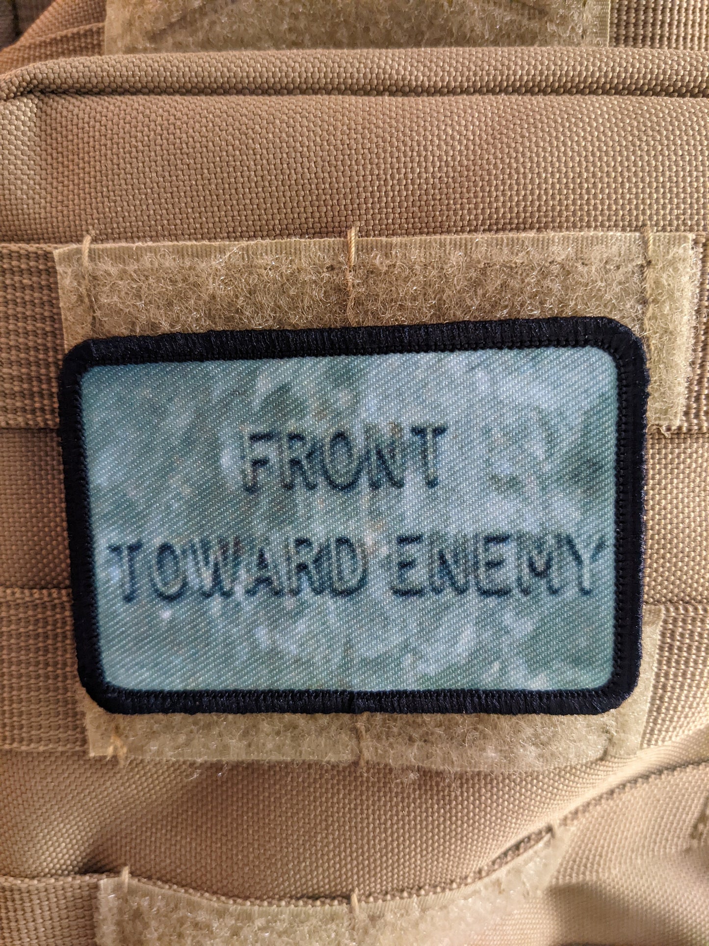Claymore mine front towards enemy  military tactical 2"x3" removable morale patch with hook and loop backing