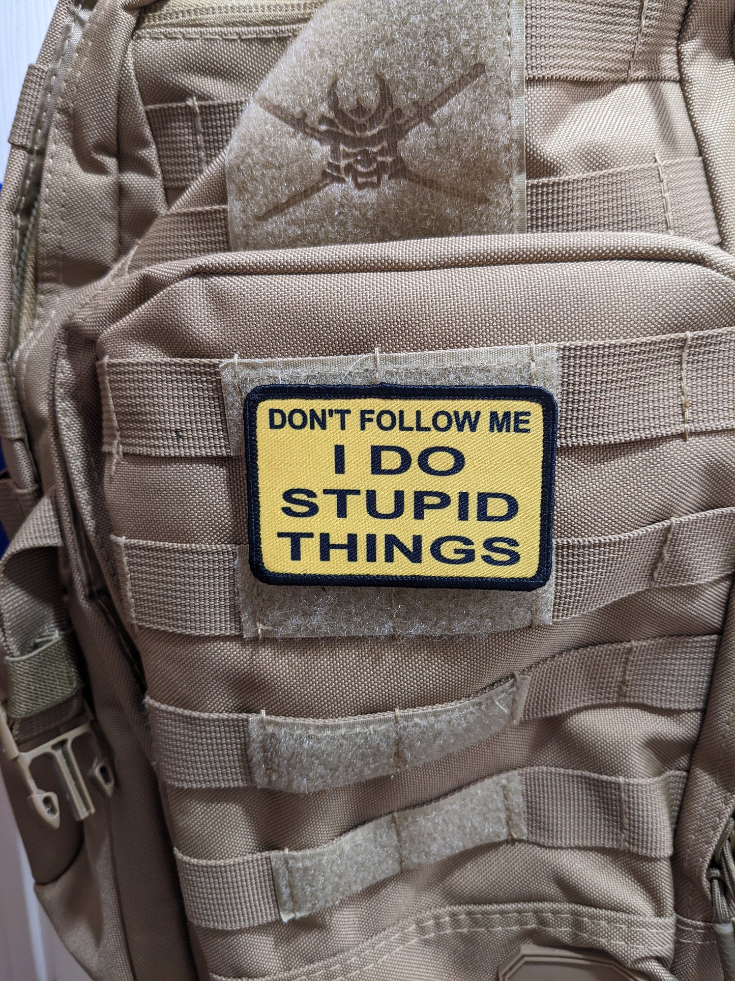 Don't follow me I do stupid things meme 2"x3" morale patch with hook and loop backing