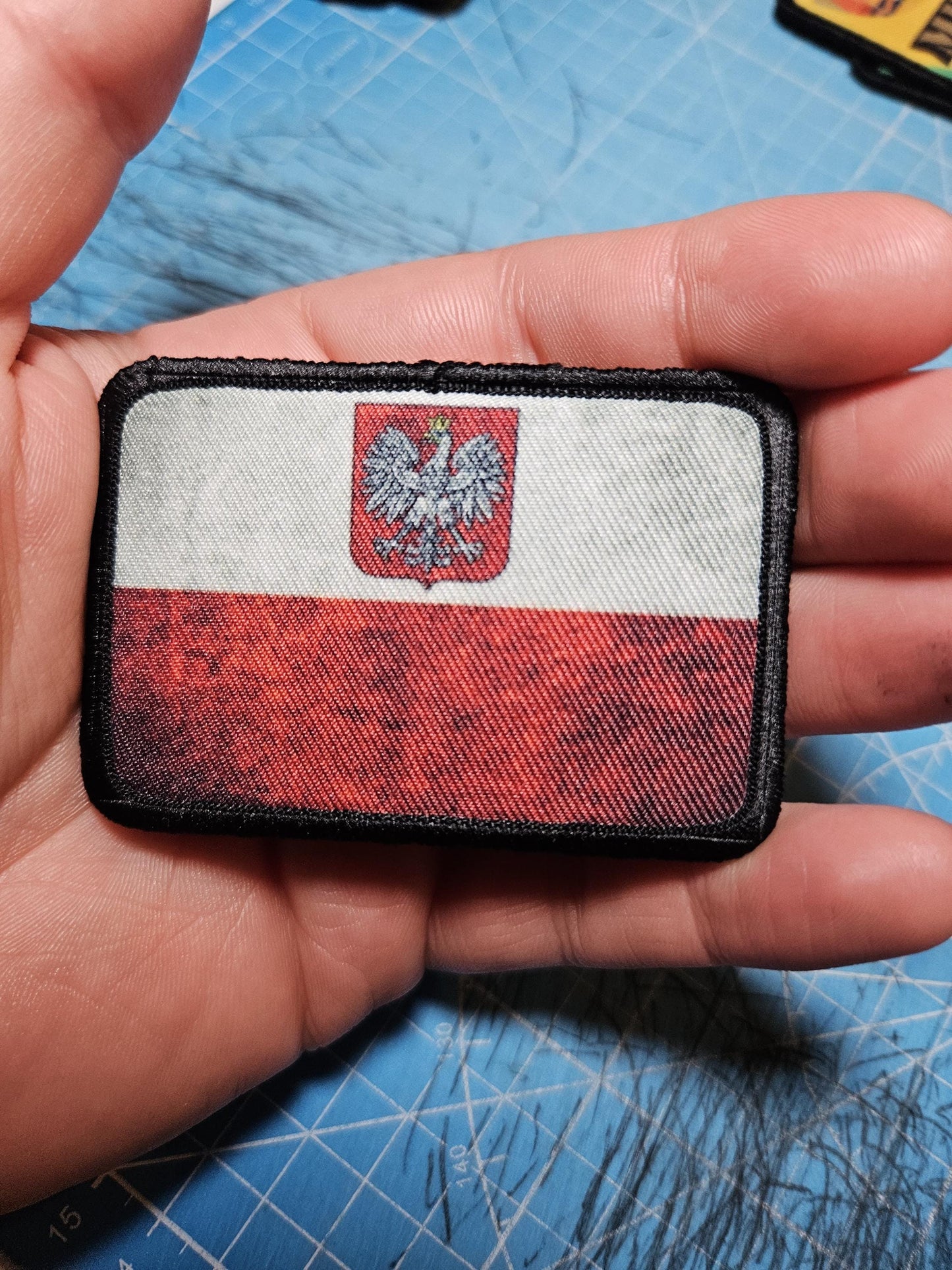 Distressed Poland flag with crest 2"x3" morale patch with hook and loop backing