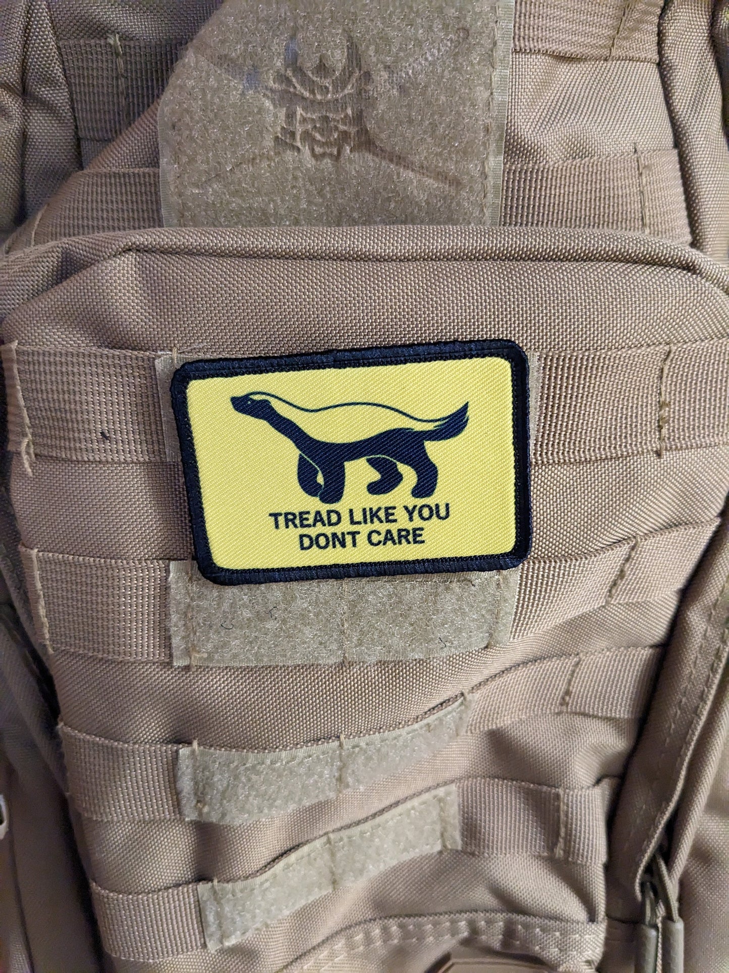 Tread like you don't care honey badger Gadsden flag meme  2"x3" removable morale patch with hook and loop backing