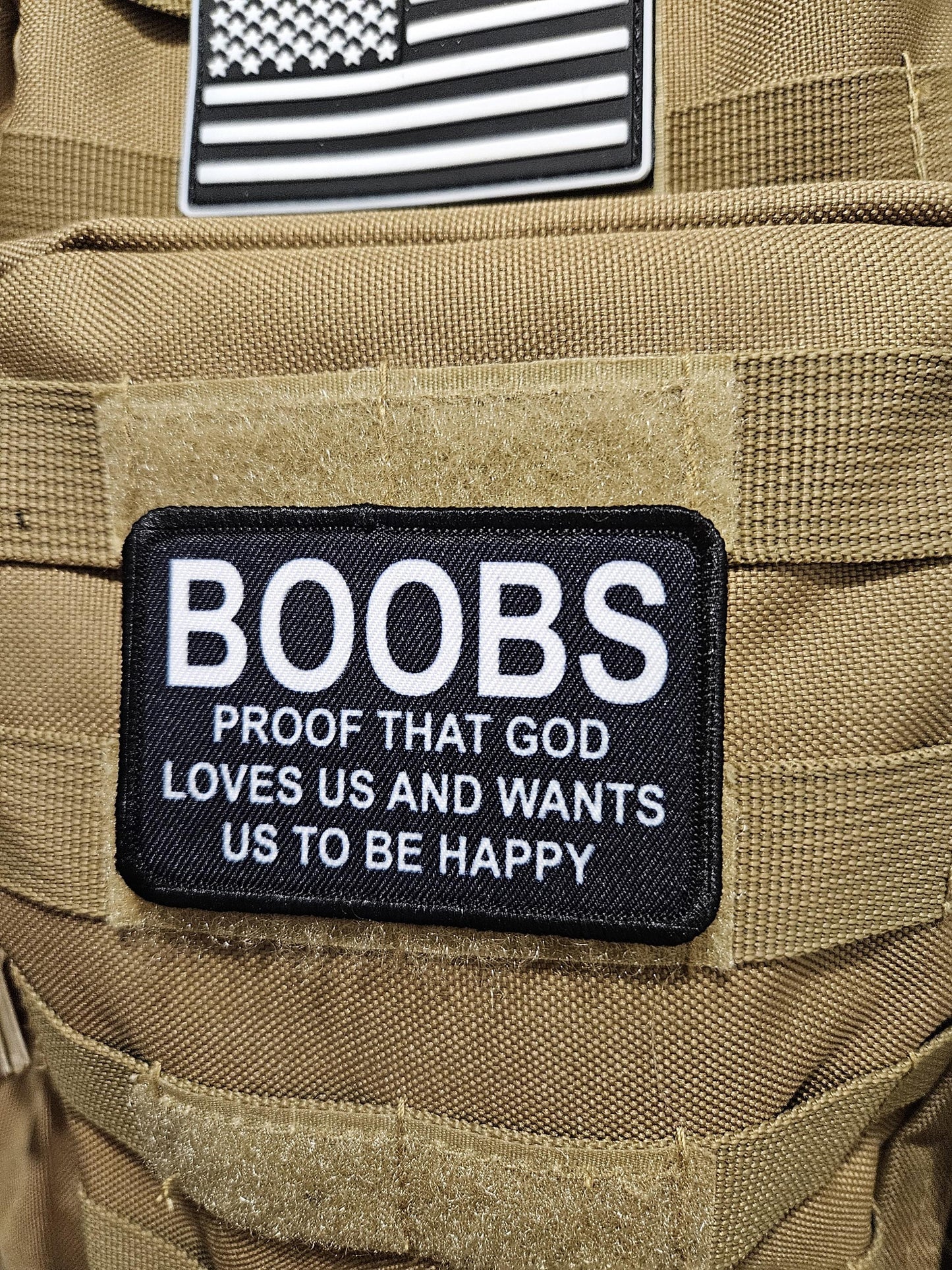 Boobs proof that God loves us and wants us to be happy meme 2"x3" removable morale patch with hook and loop backing black and white