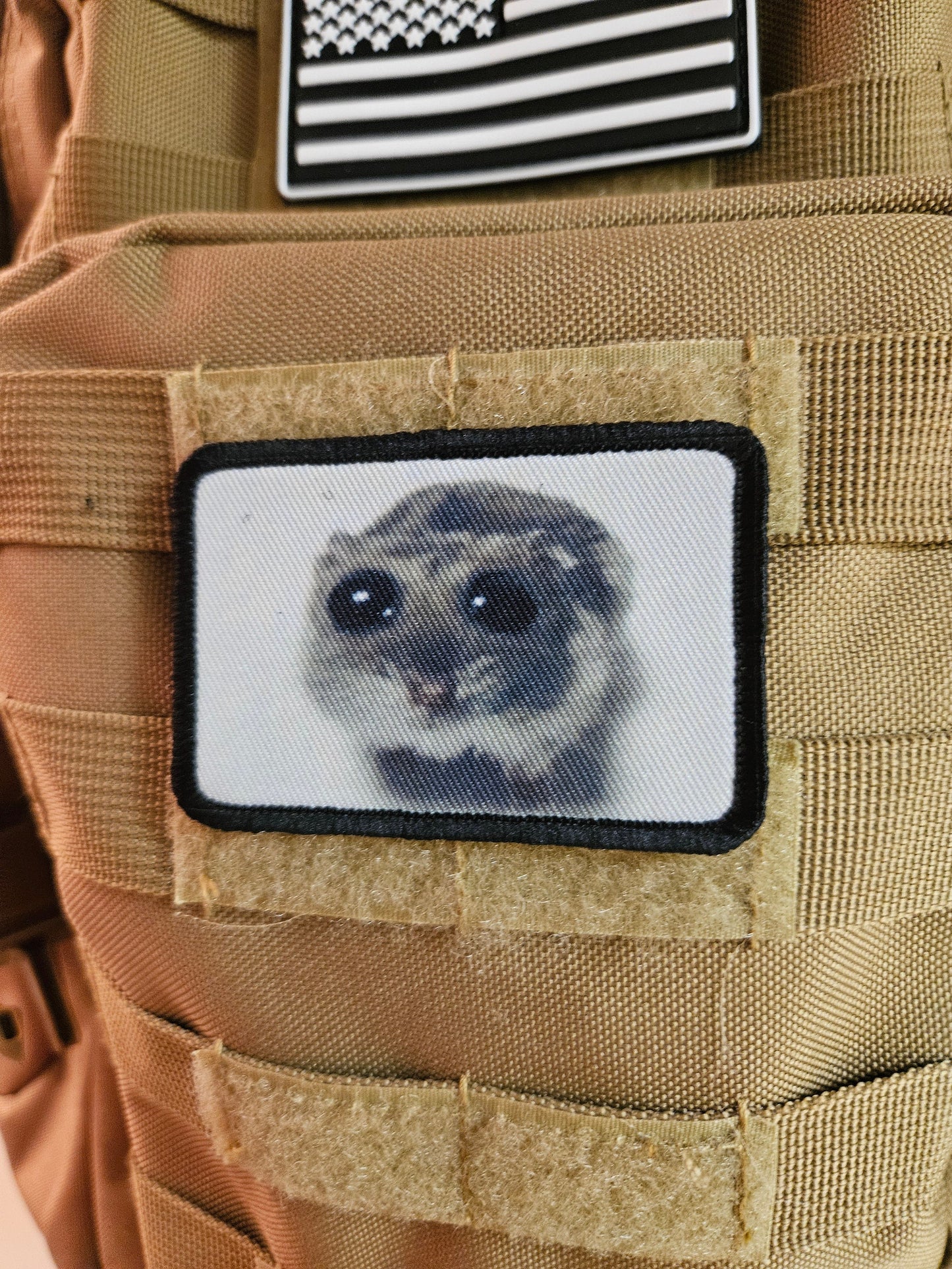 Sad hamster meme 2"x3" removable morale patch with hook and loop backing