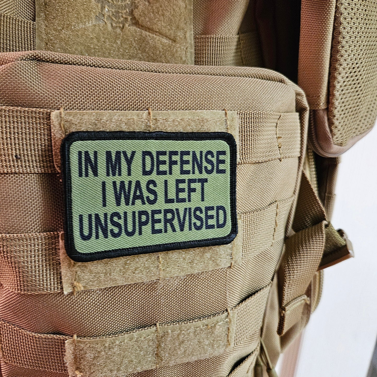Green In My Defense I was left Unsupervised  removable patch 2"x3" morale patch with hook and loop backing