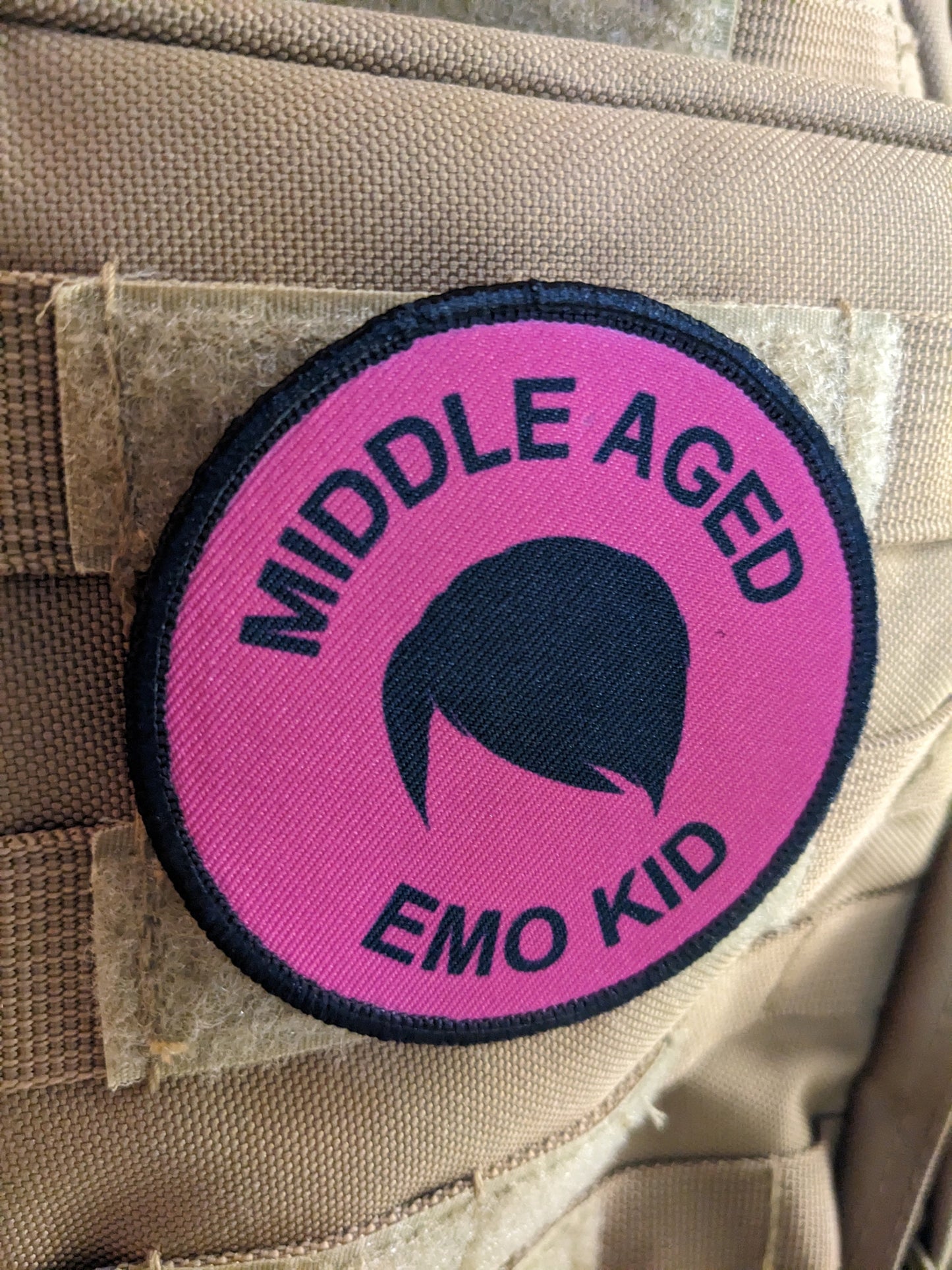 Middle aged emo kid boy version meme 3" circle morale patch with hook and loop backing
