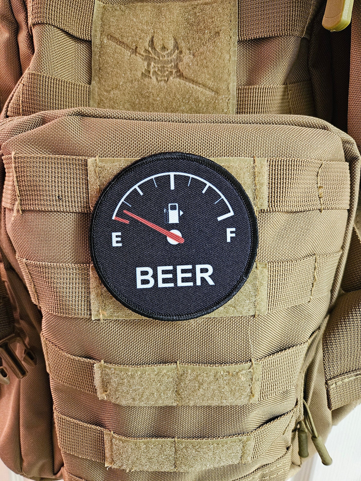 Running on empty beer meme 3" circle removable morale patch with hook and loop backing