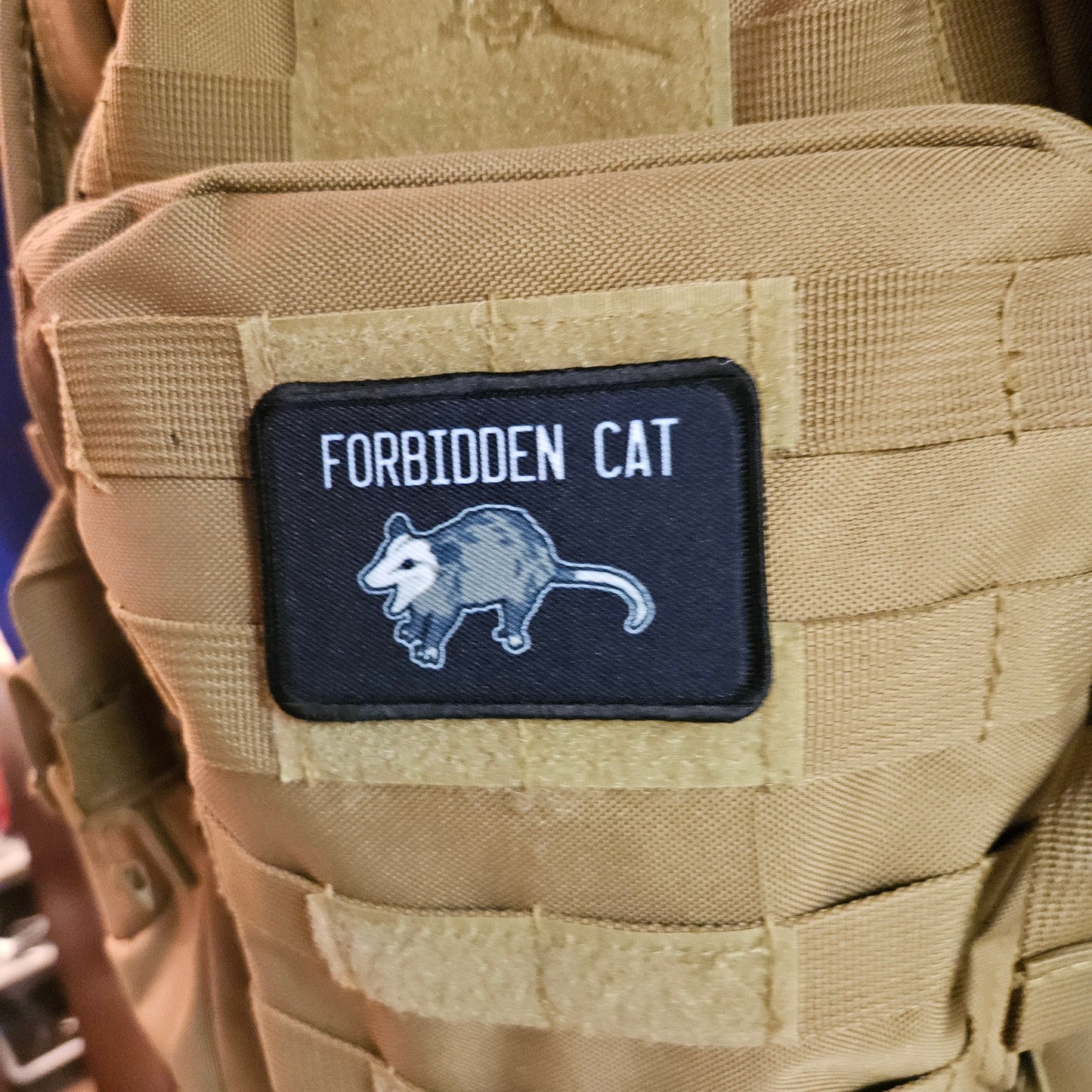 Forbidden cat possum meme 2"x3" morale patch with hook and loop backing