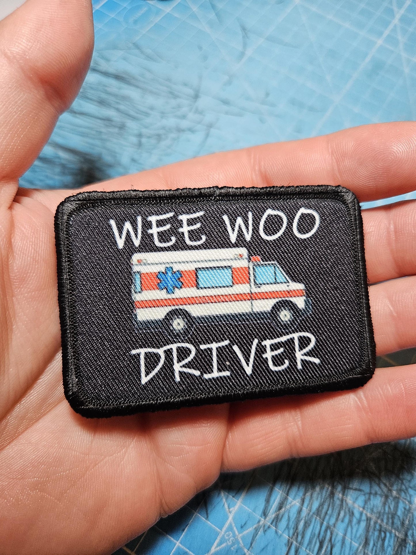 Wee woo driver ambulance EMT driver funny 2"x3" removable morale patch with hook and loop backing