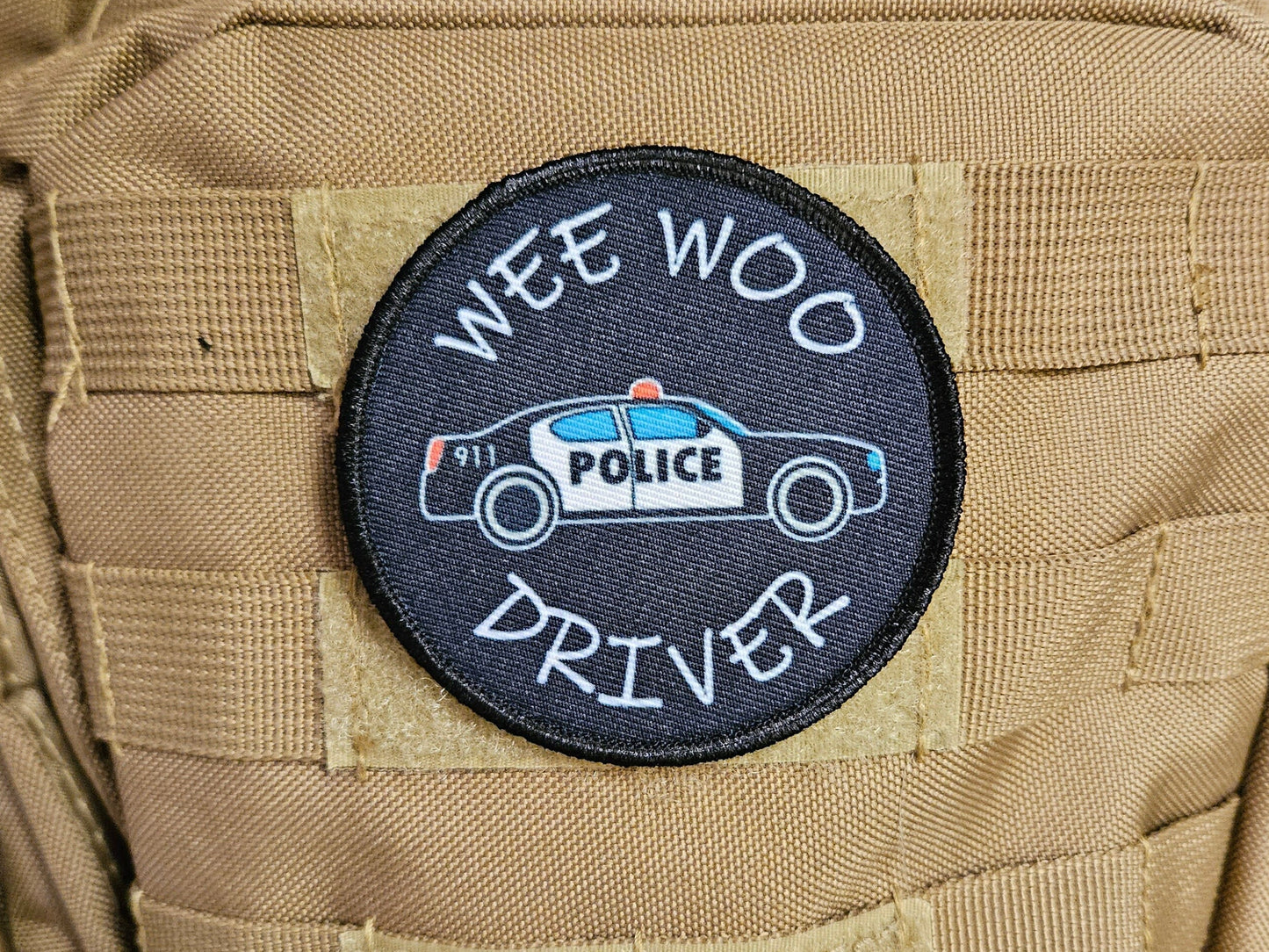 Wee woo driver police car driver funny 3" circle removable morale patch with hook and loop backing