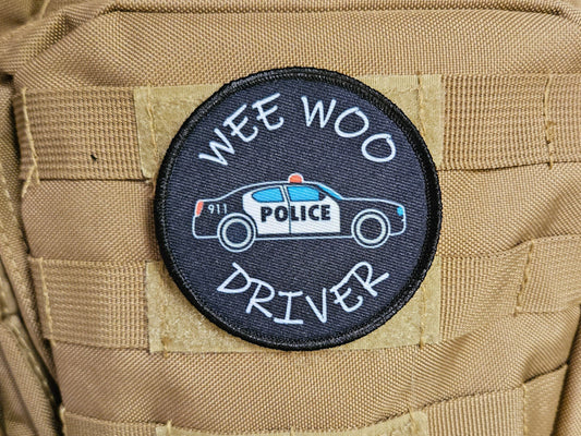 Wee woo driver police car driver funny 3" circle removable morale patch with hook and loop backing